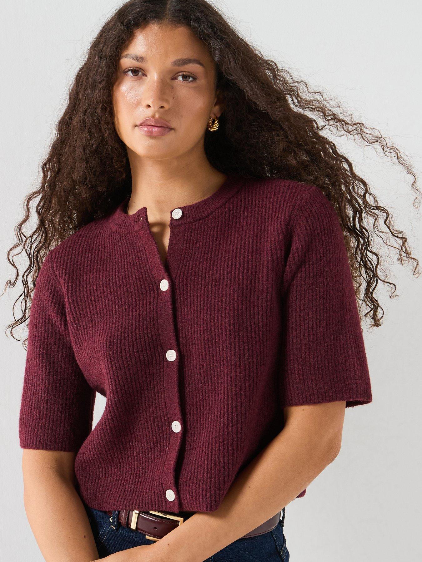 PIECES Short Sleeve Knit Cardigan - Burgundy