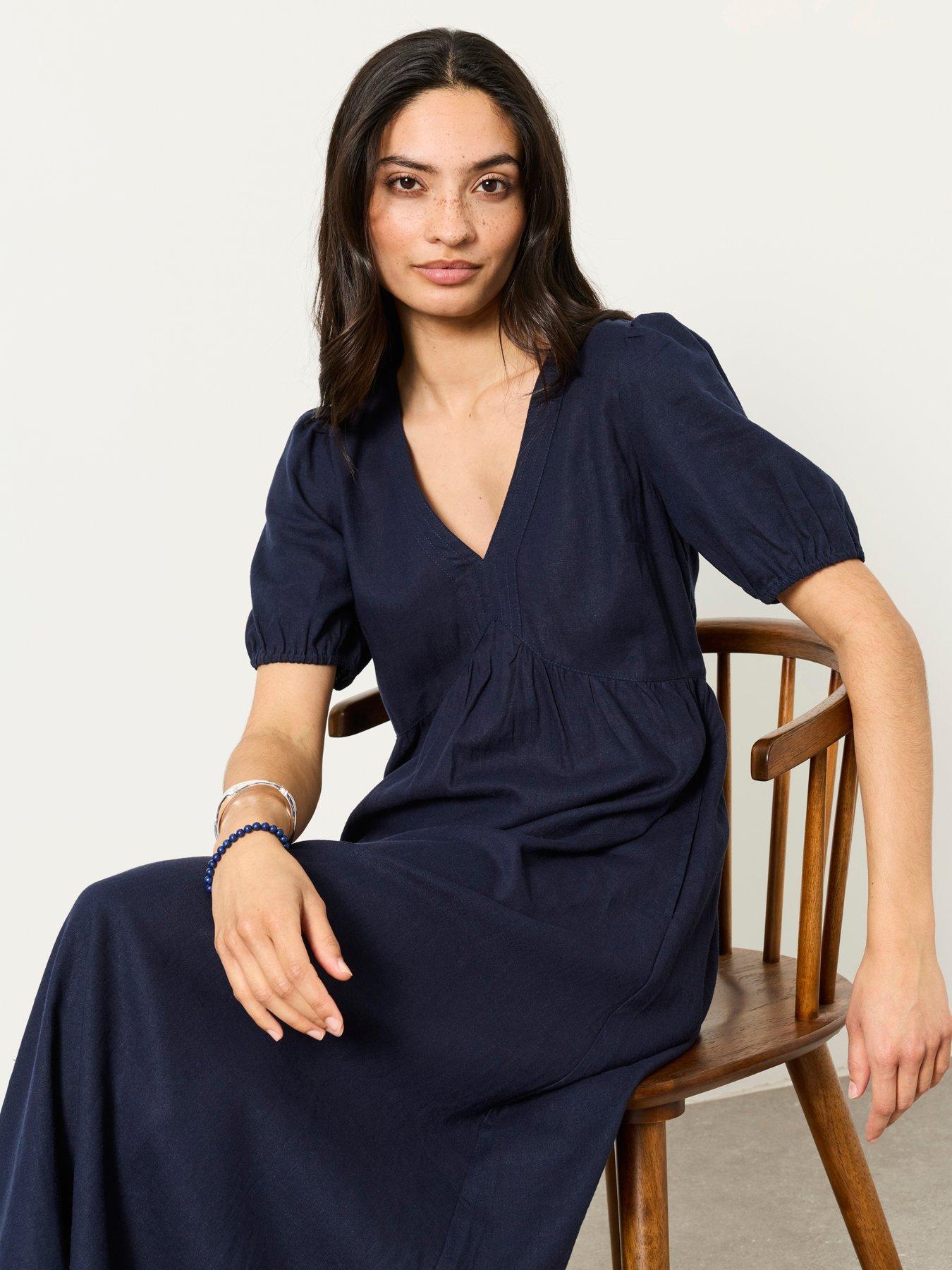 FatFace Remi Linen Midi Dress - Navy