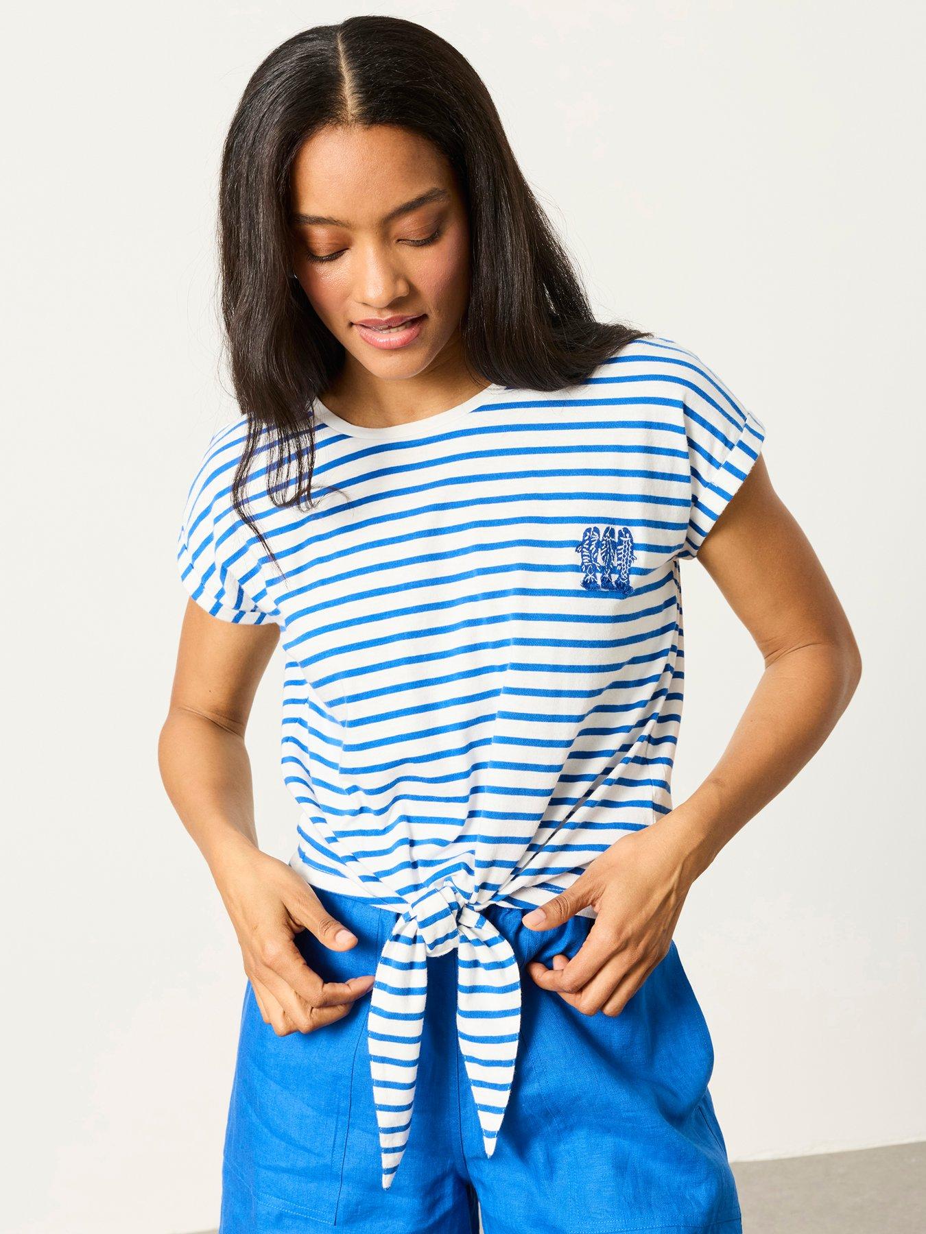 FatFace Tie Front Stripe T-Shirt - Blue