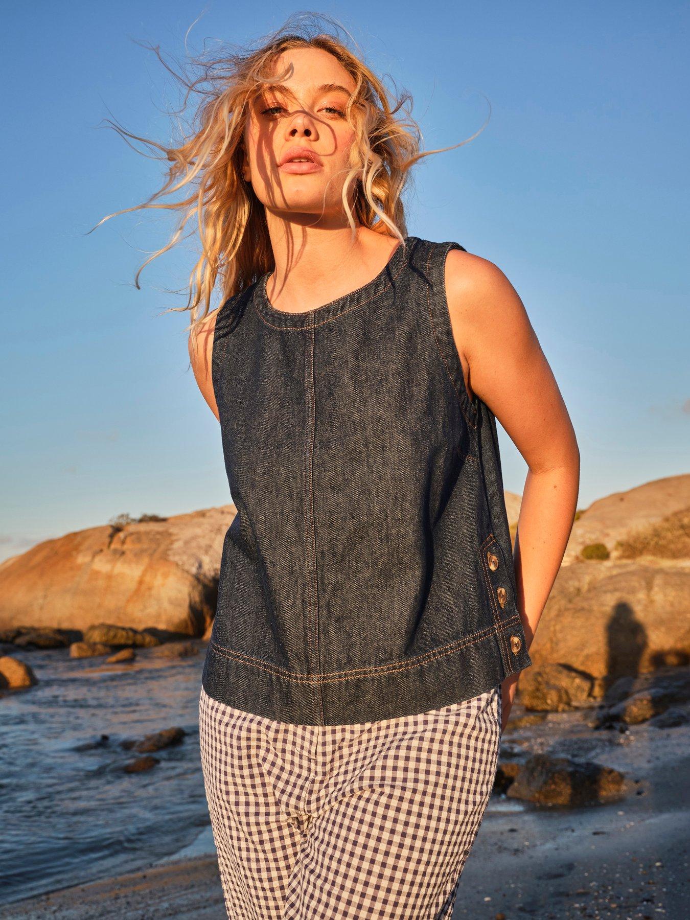 FatFace Dara Denim Sleeveless Blouse - Blue