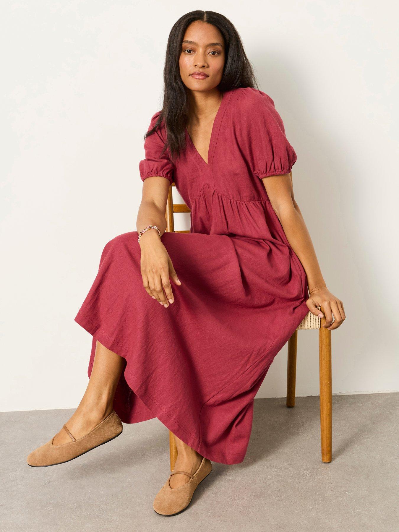 Image 1 of 6 of FatFace Remi Linen Midi Dress - Burgundy