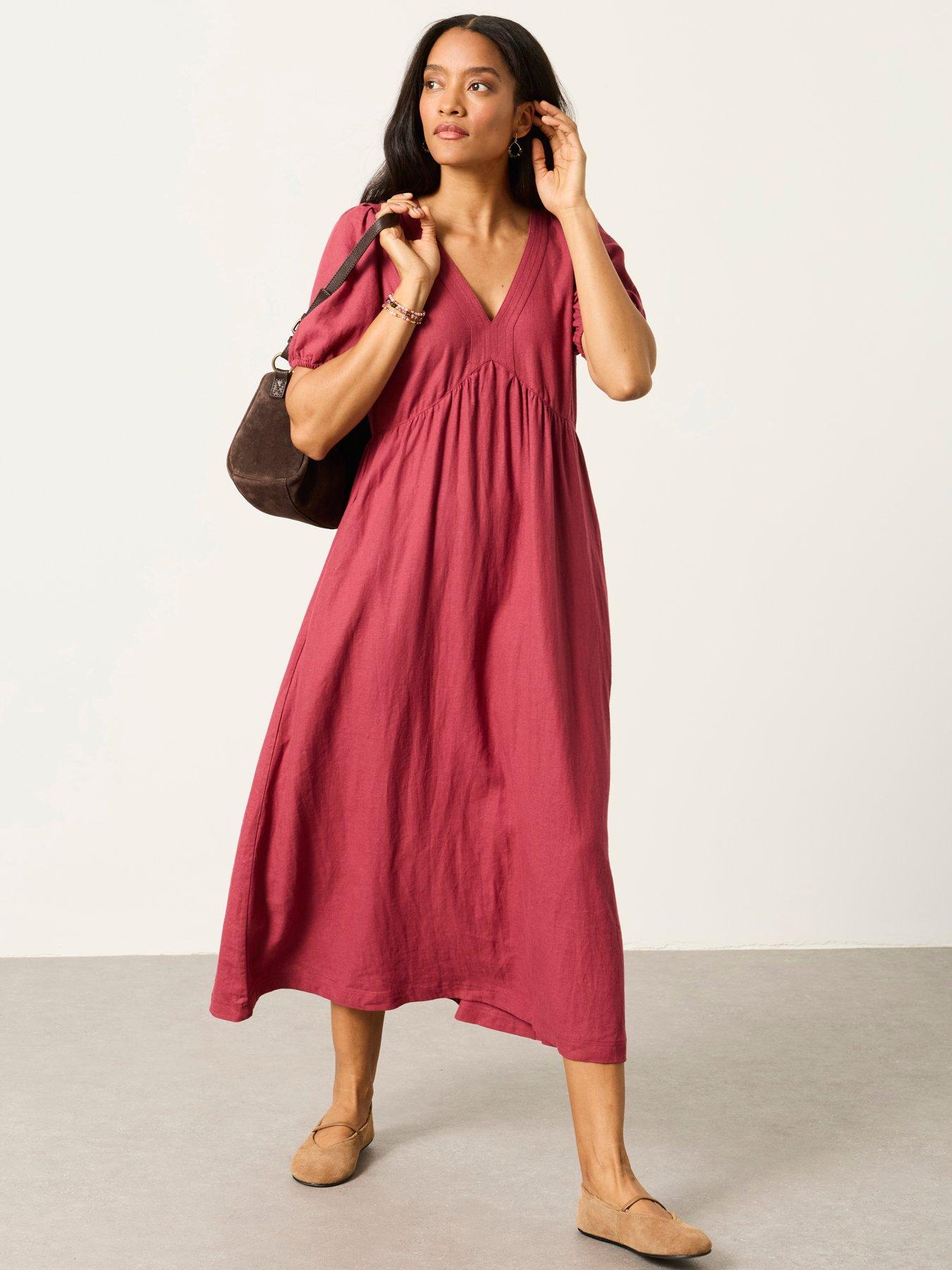 Image 3 of 6 of FatFace Remi Linen Midi Dress - Burgundy