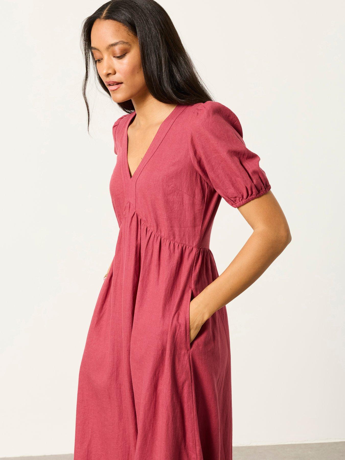 Image 5 of 6 of FatFace Remi Linen Midi Dress - Burgundy