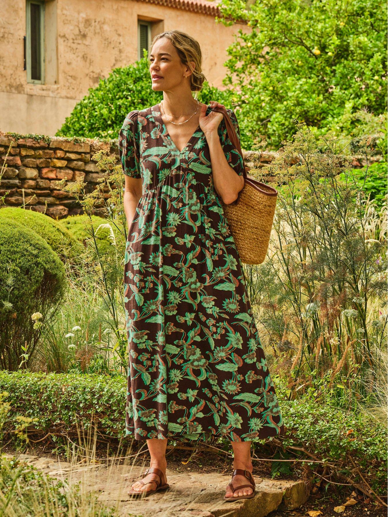 Image 1 of 7 of FatFace Remi Batik Midi Dress - Brown