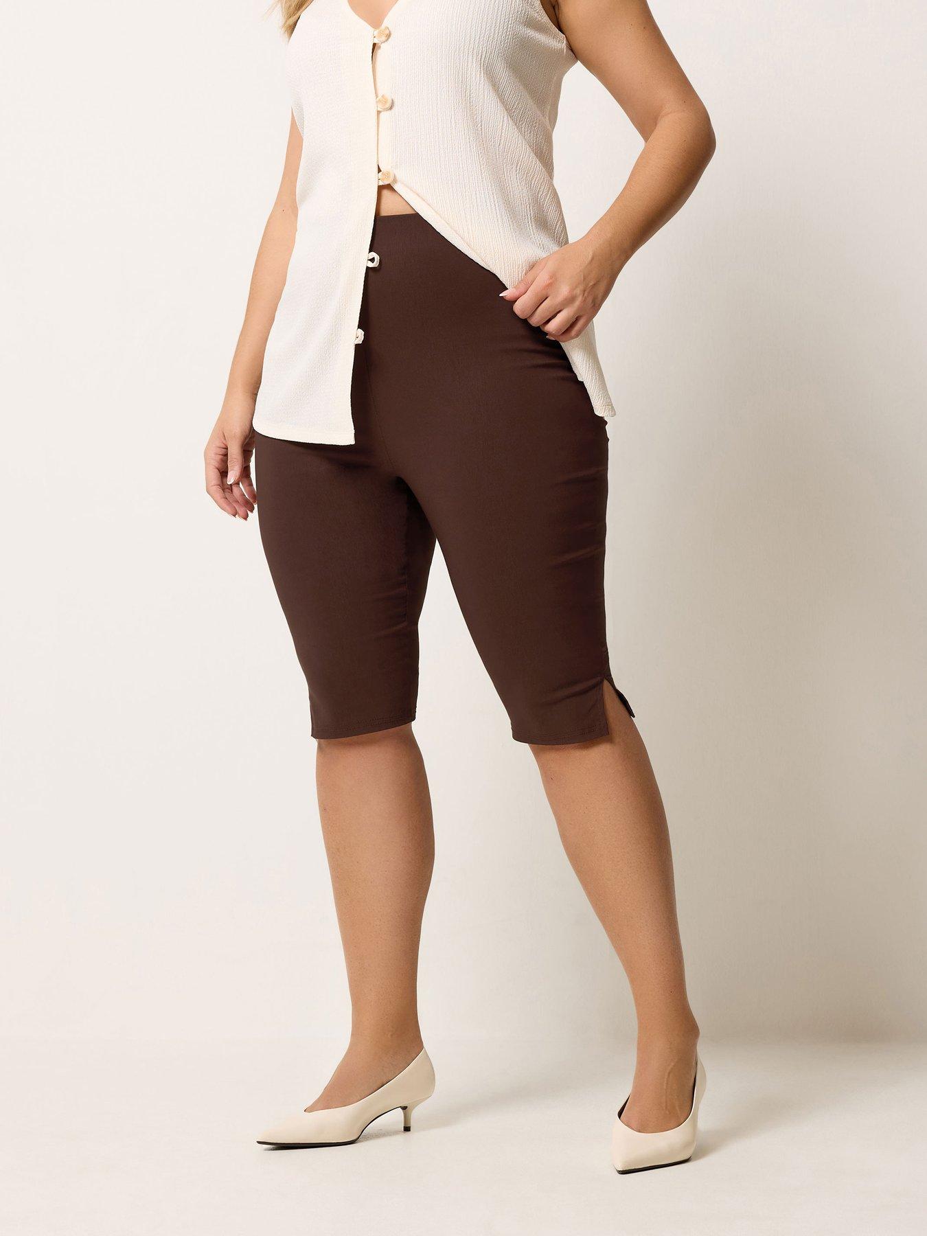 Yours Curve Bengaline Pedal Pusher Short - Brown