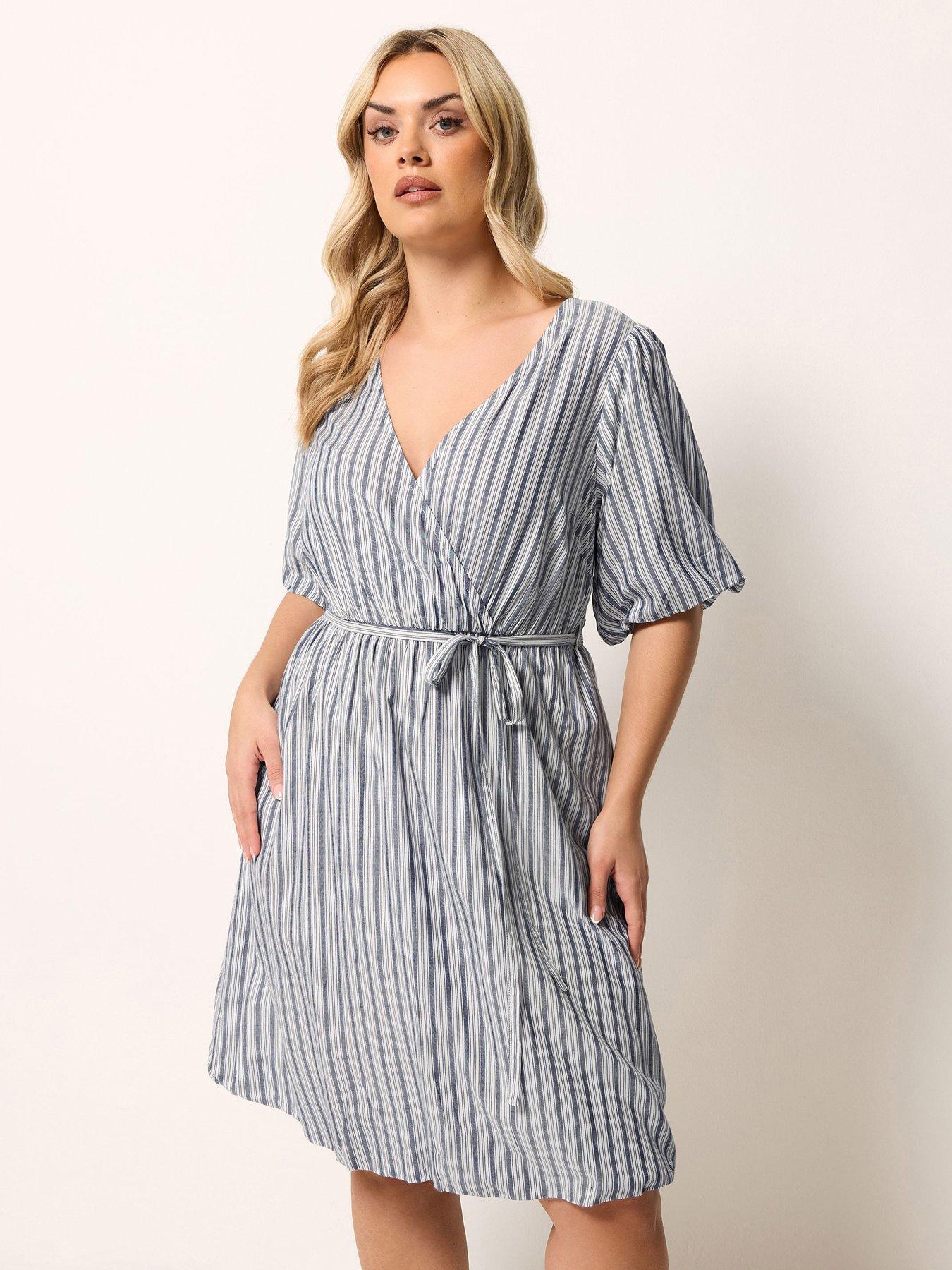 Yours Curve Striped Wrap Dress - Blue
