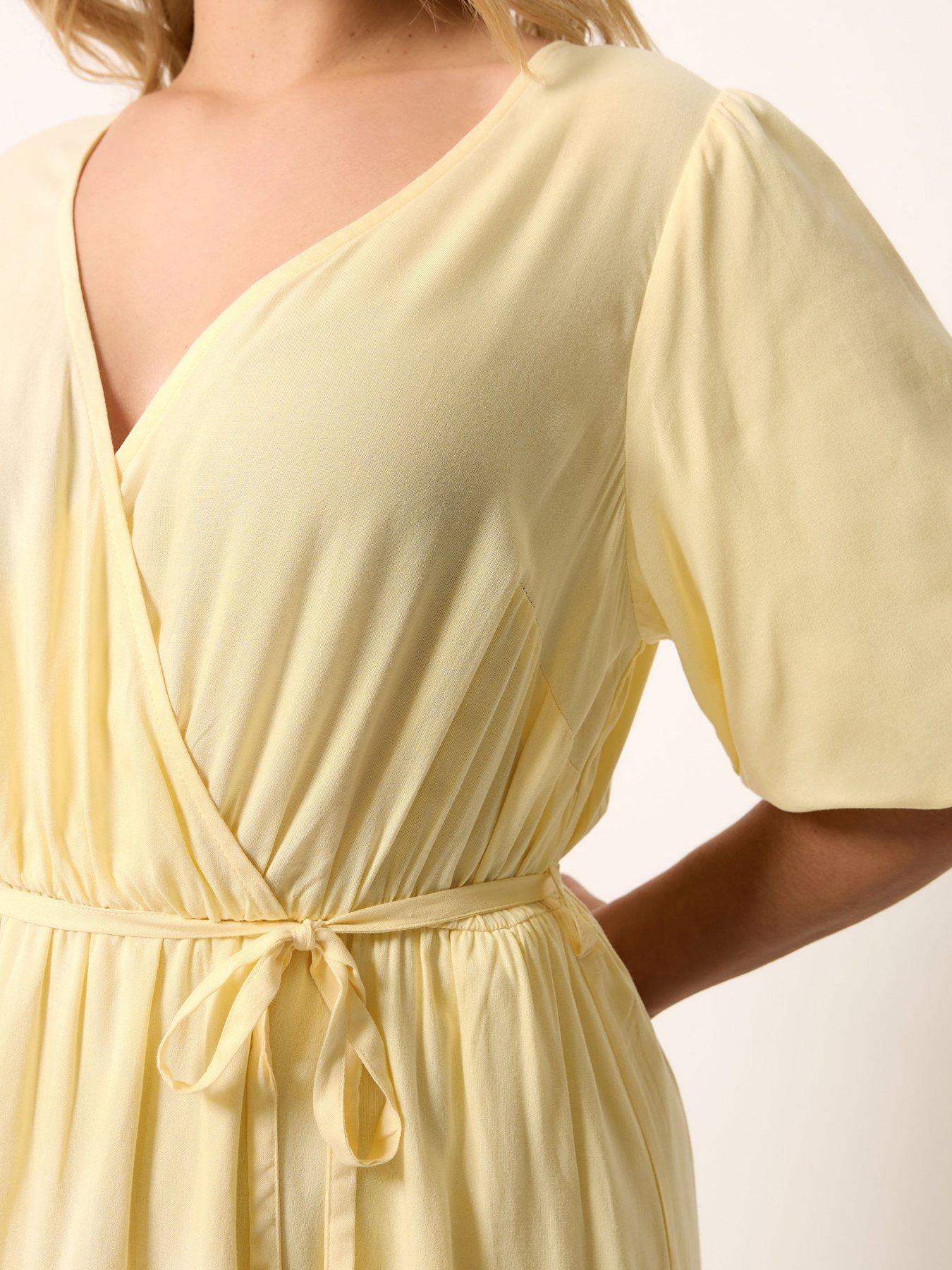 Image 4 of 5 of Yours Curve Striped Wrap Dress - Yellow