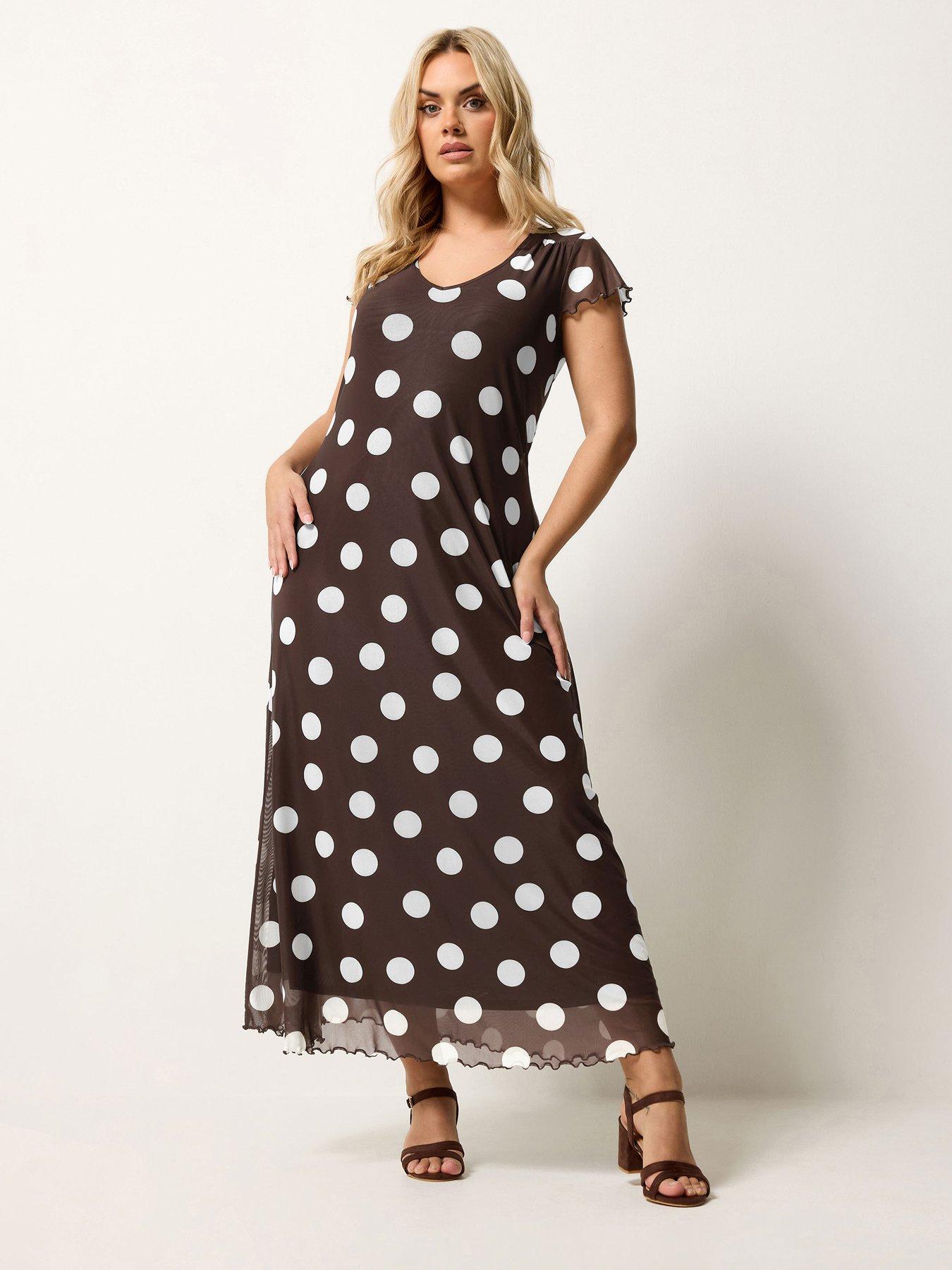 Yours Curve Mesh Polka Dot Print Maxi Dress - Brown