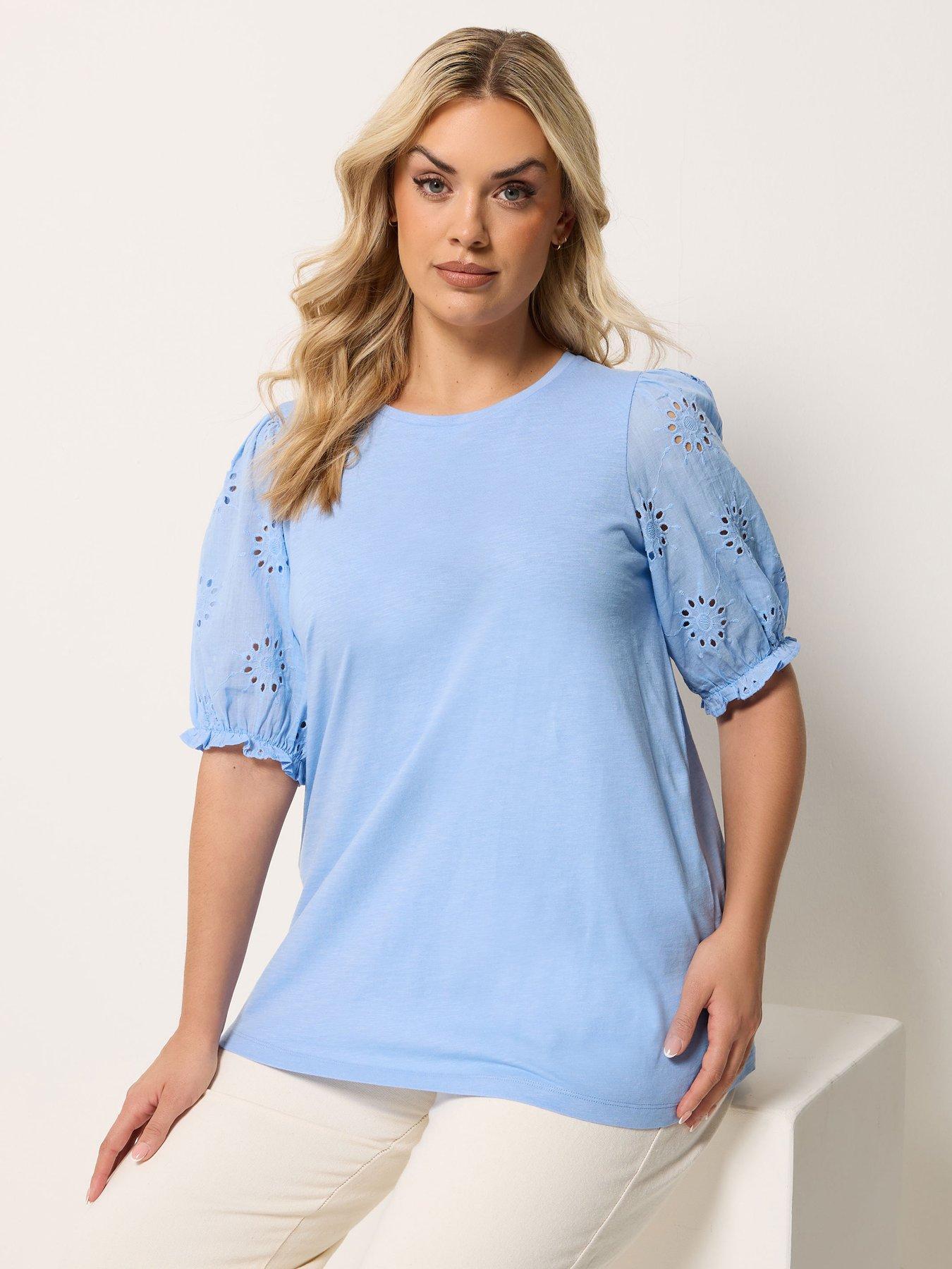 Yours Curve Broderie Puff Sleeve T-Shirt - Blue