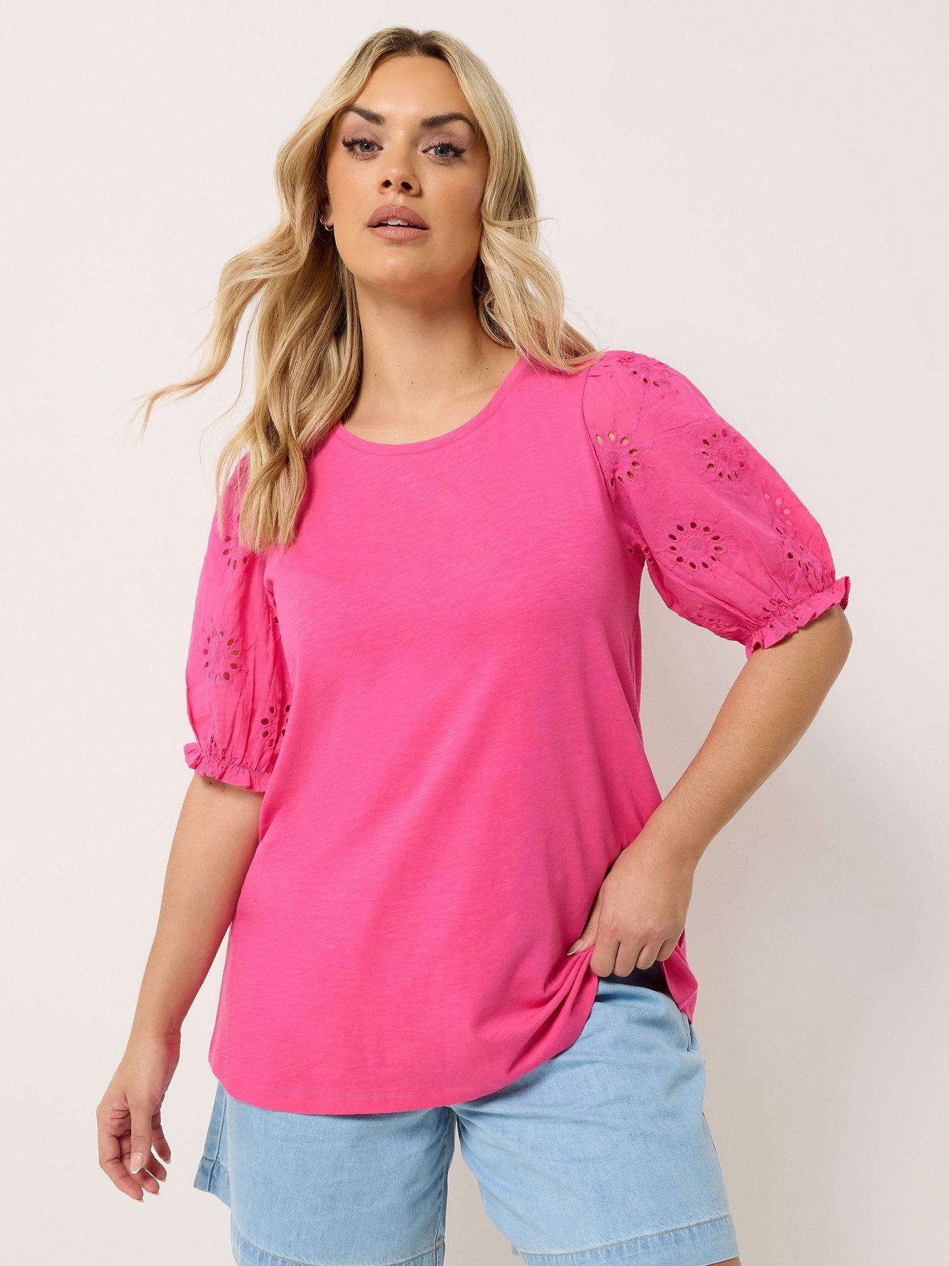 Yours Curve Broderie Puff Sleeve T-Shirt - Pink