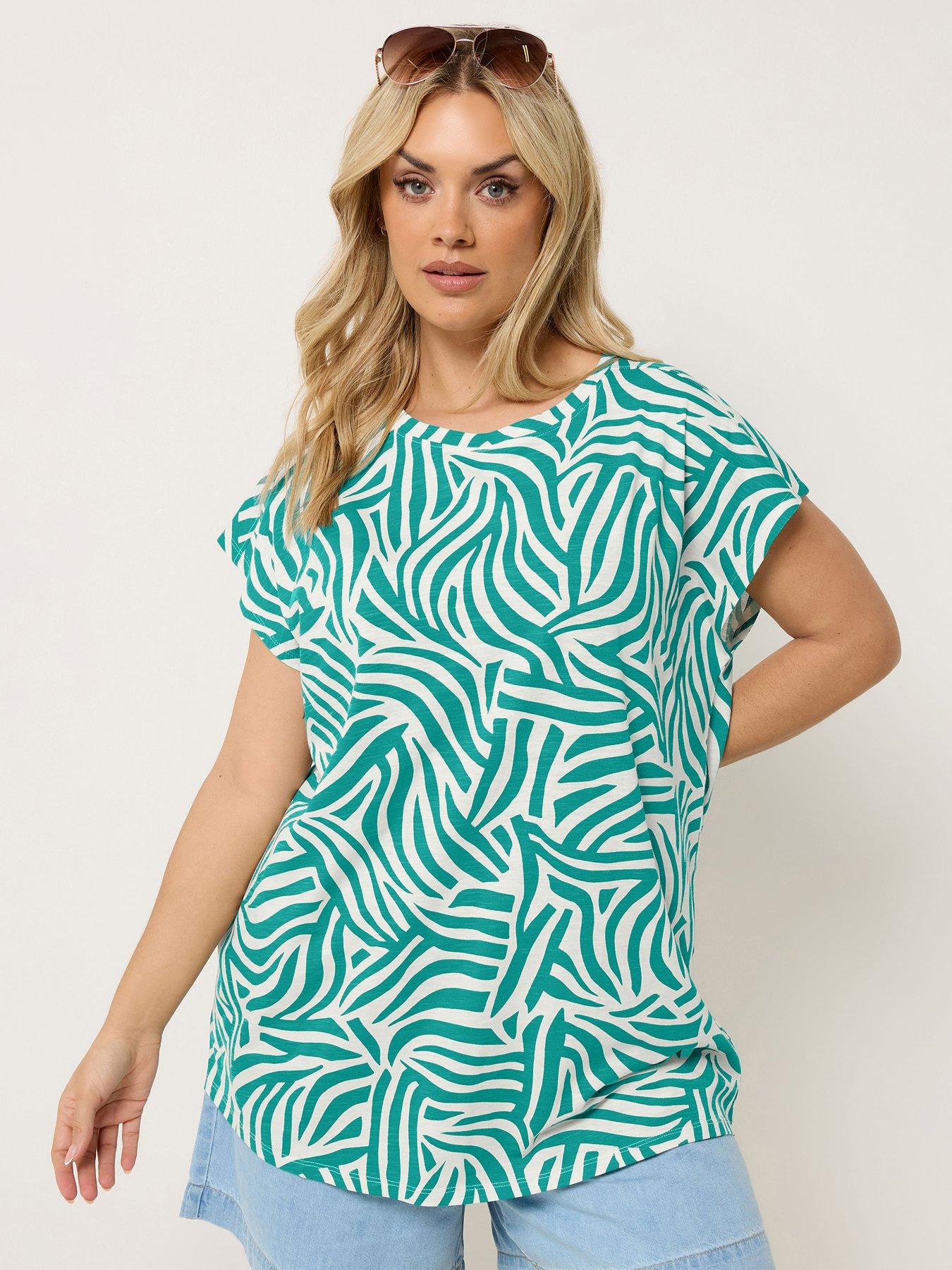 Yours Curve Grown-On Sleeve Slub T-Shirt - Blue