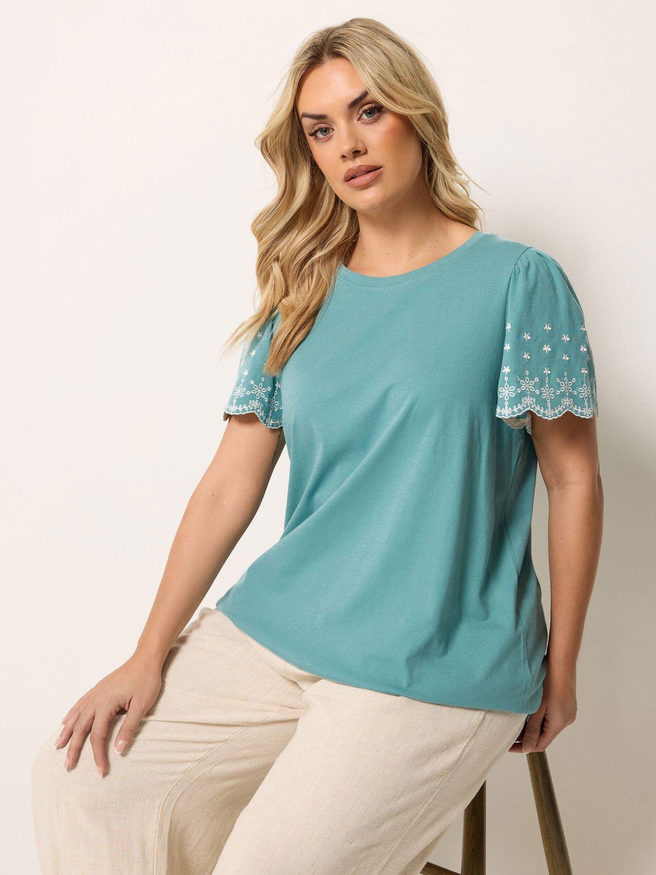 Yours Curve Angel Sleeve Embroidered T-Shirt - Green