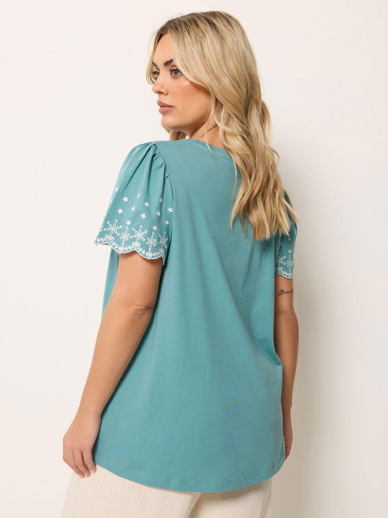 Image 2 of 5 of Yours Curve Angel Sleeve Embroidered T-Shirt - Green
