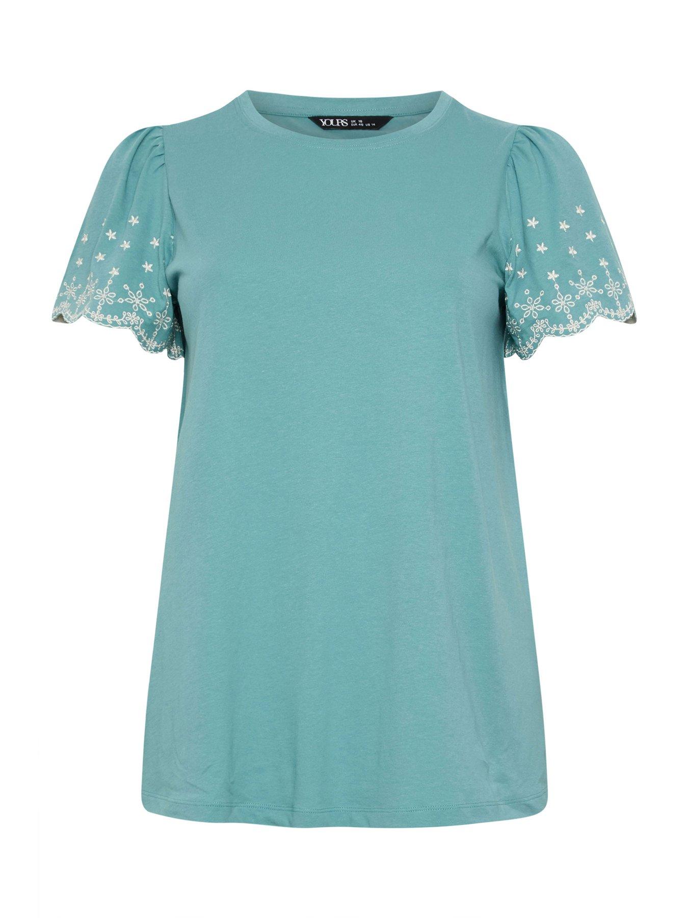 Image 5 of 5 of Yours Curve Angel Sleeve Embroidered T-Shirt - Green