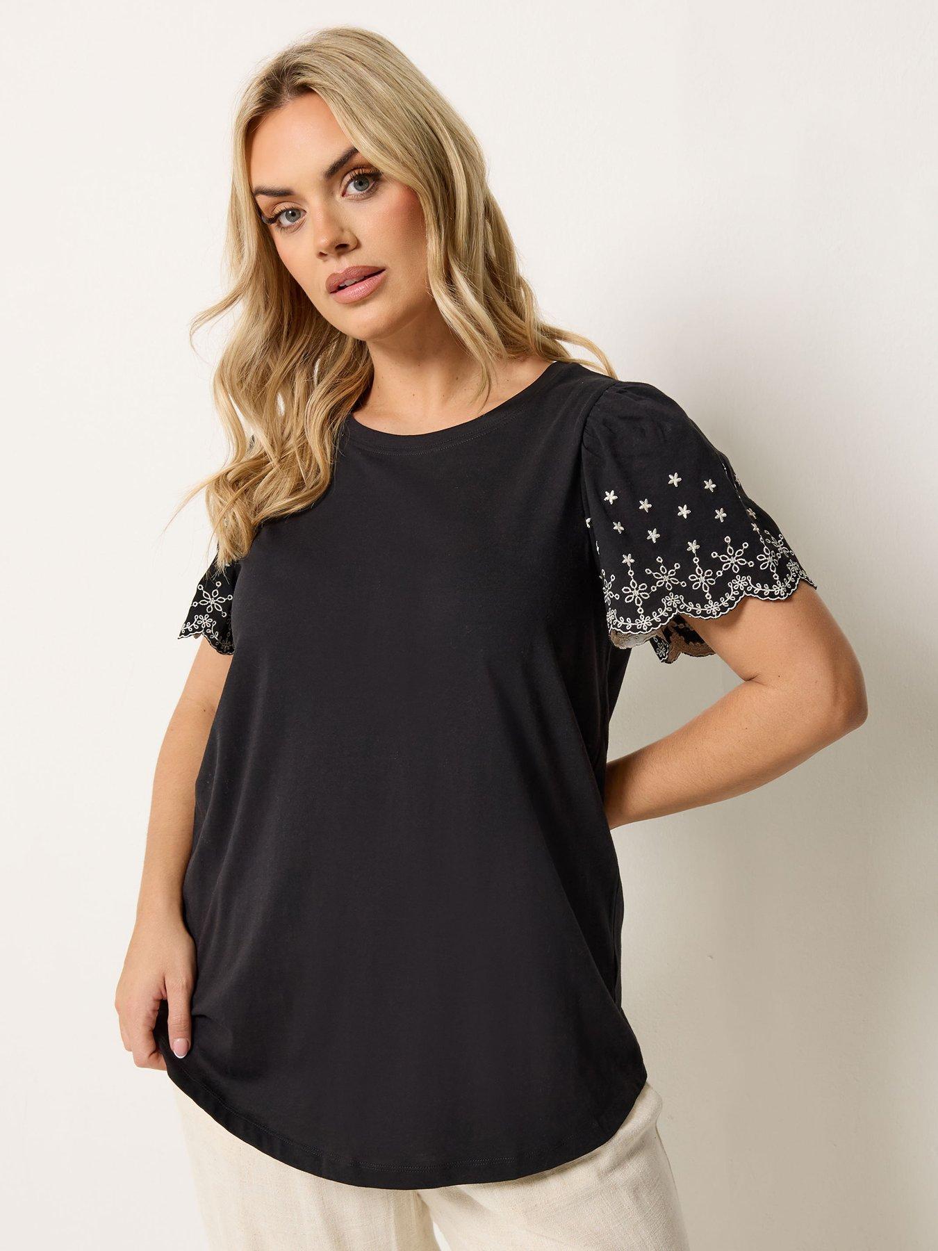 Image 1 of 5 of Yours Curve Angel Sleeve Embroidered T-Shirt - Black