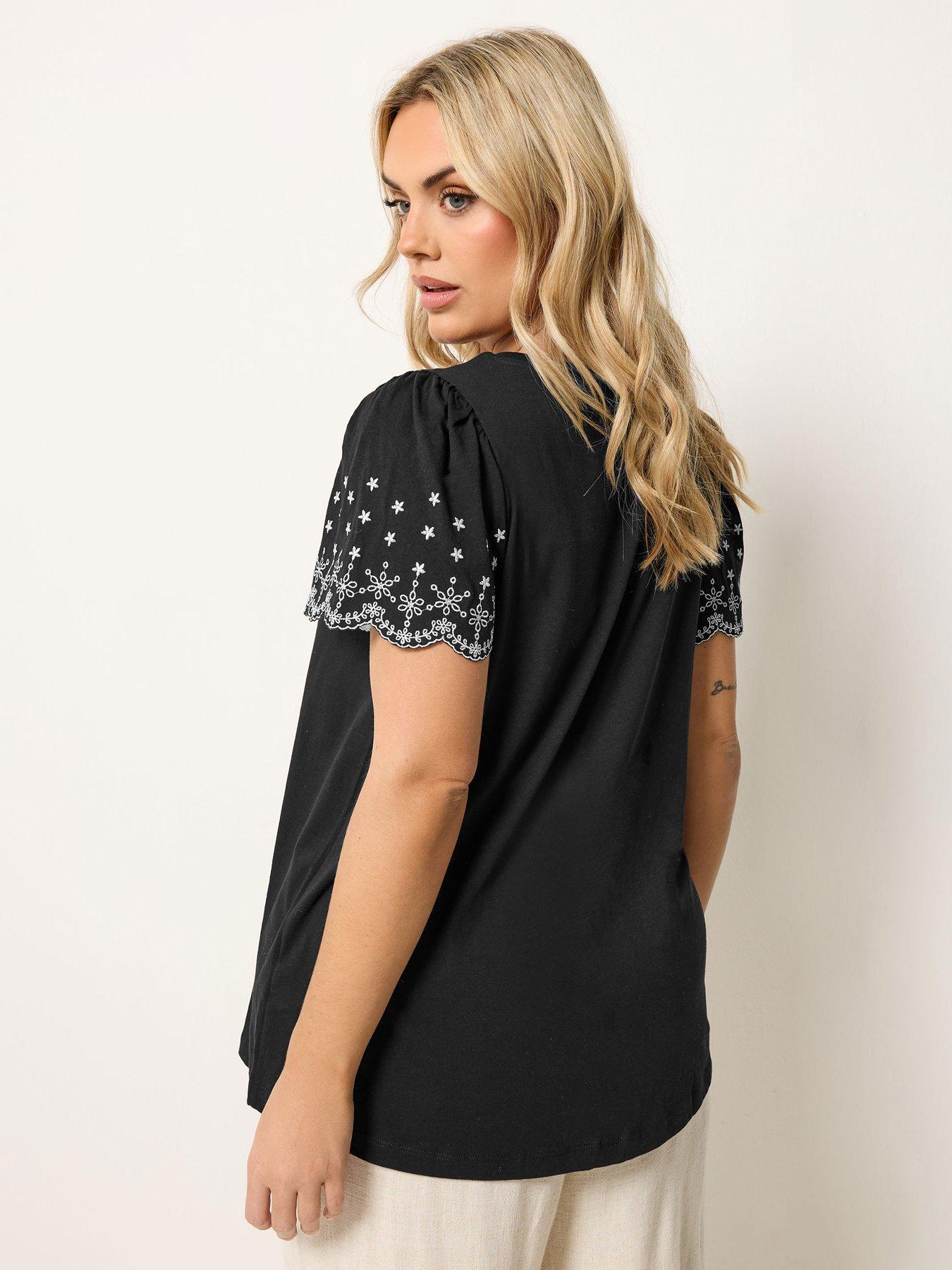 Image 2 of 5 of Yours Curve Angel Sleeve Embroidered T-Shirt - Black