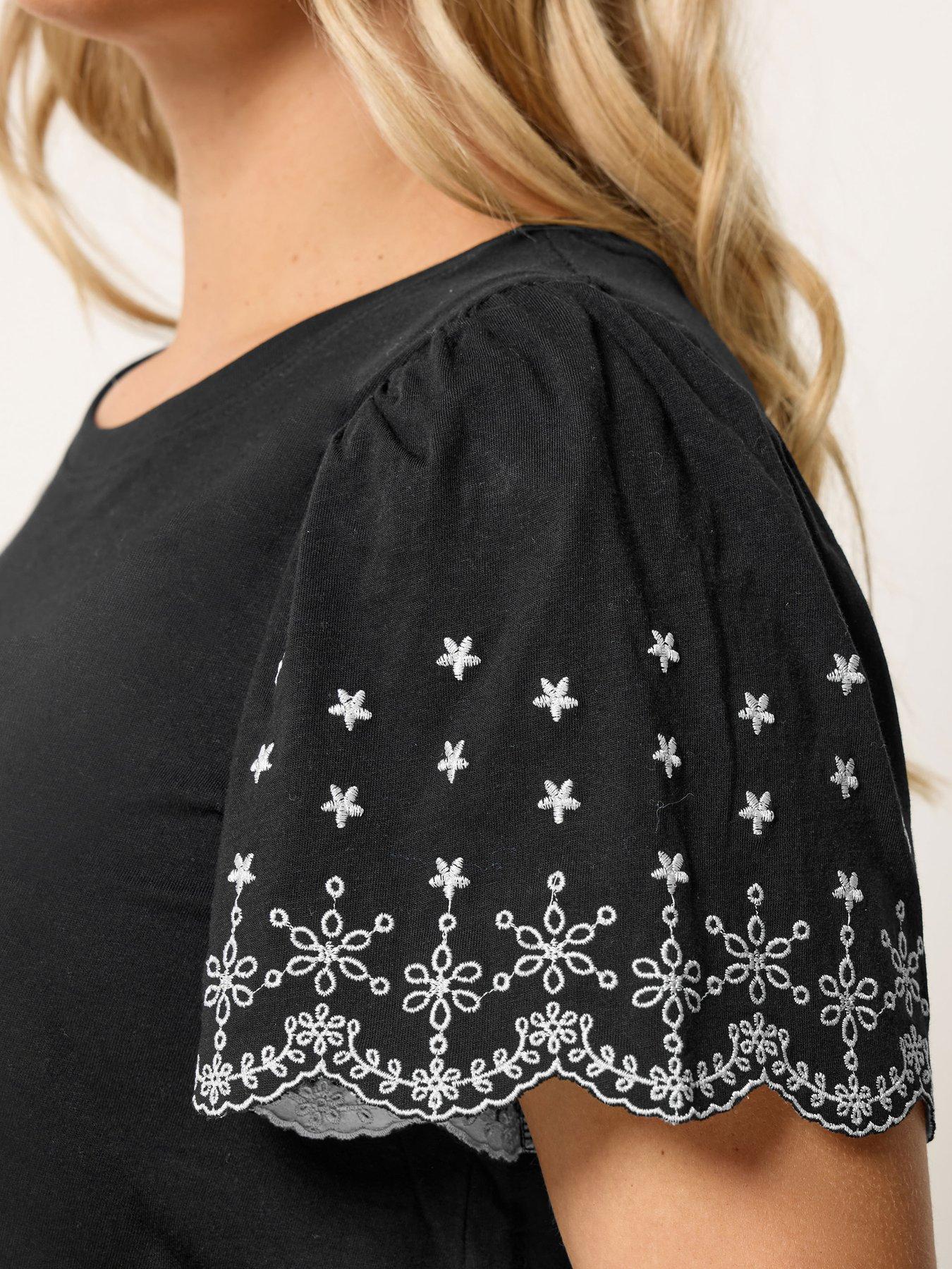 Image 4 of 5 of Yours Curve Angel Sleeve Embroidered T-Shirt - Black