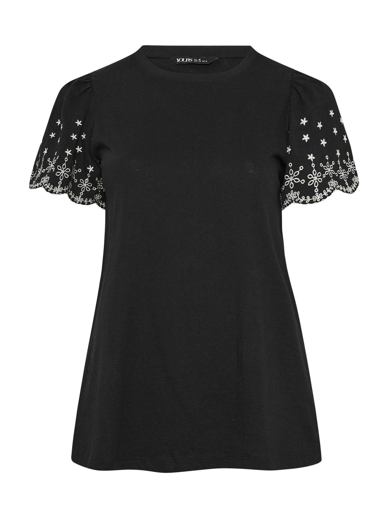 Image 5 of 5 of Yours Curve Angel Sleeve Embroidered T-Shirt - Black