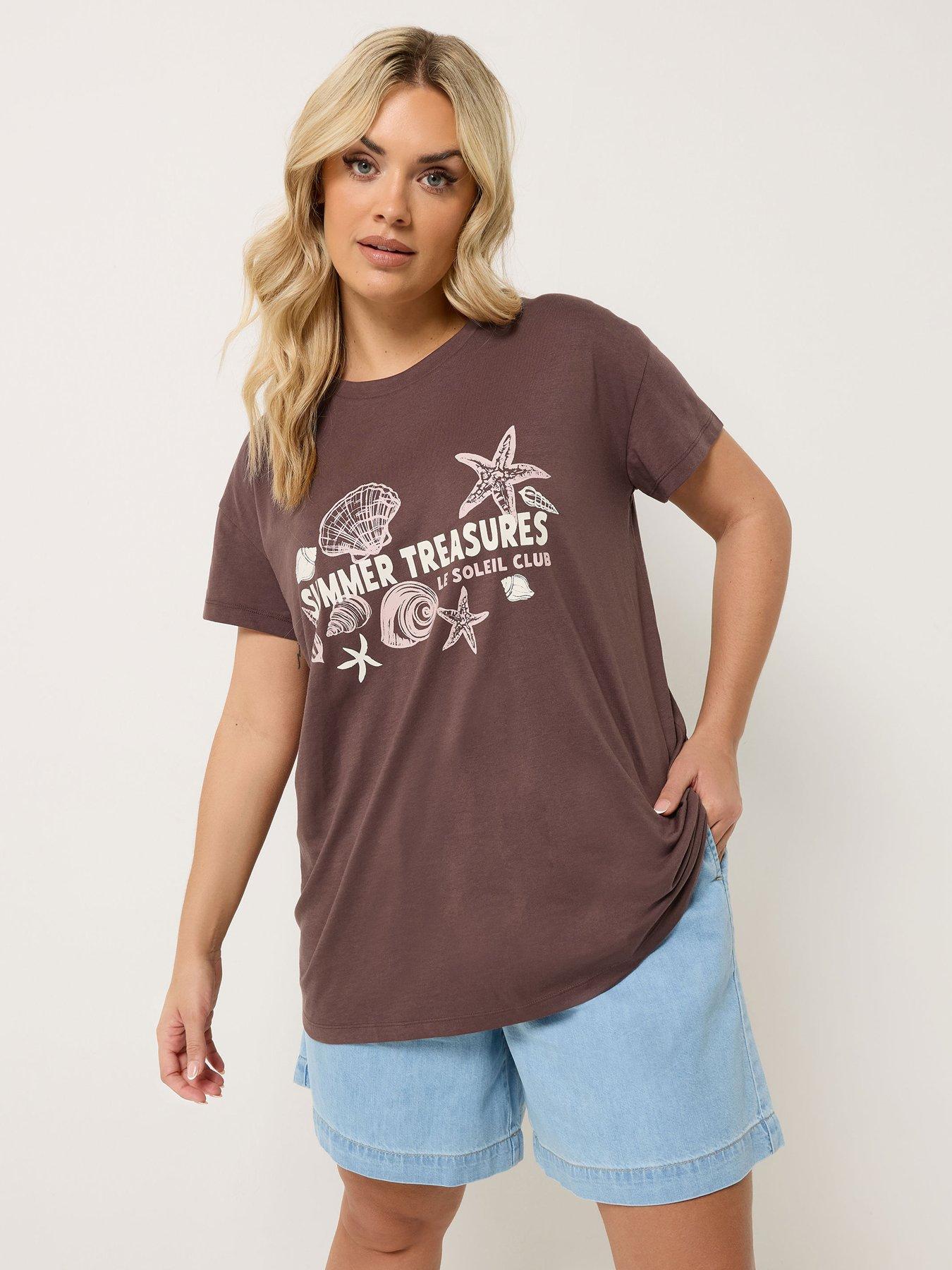 Image 1 of 5 of Yours Curve Placement T-Shirt - Brown