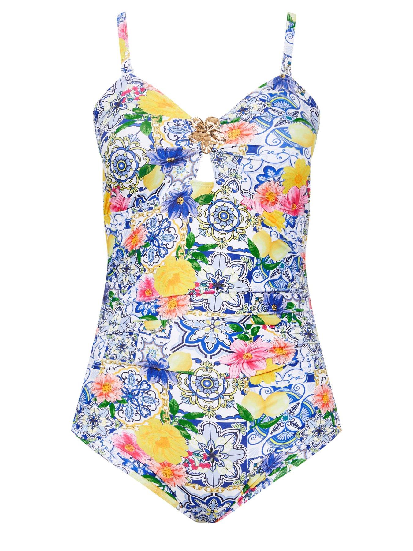 Image 5 of 5 of Yours Curve Tile Print Bandeau Swimsuit - White/Blue