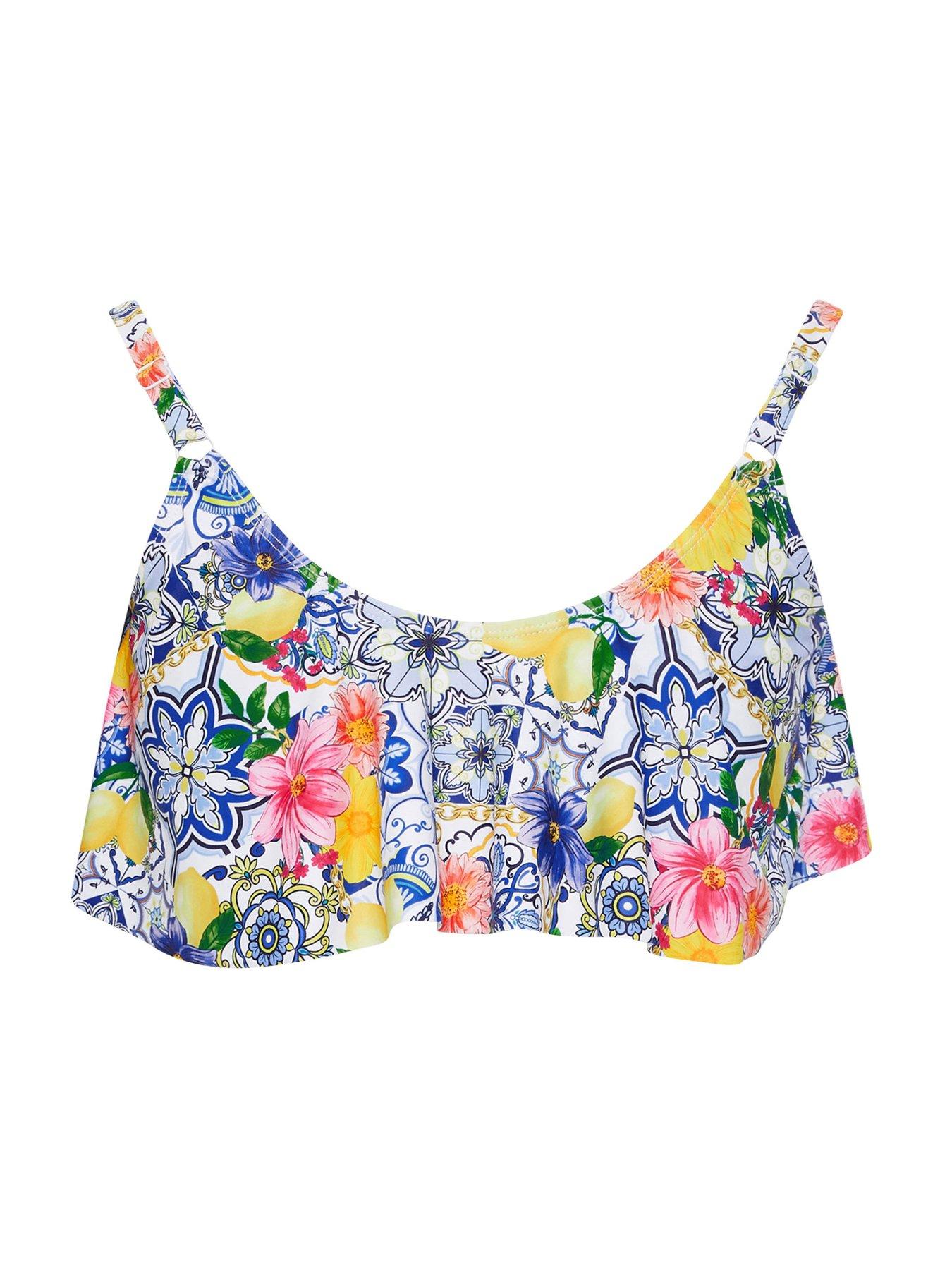 Image 5 of 5 of Yours Curve Tile Print Frill Bikini Top - White