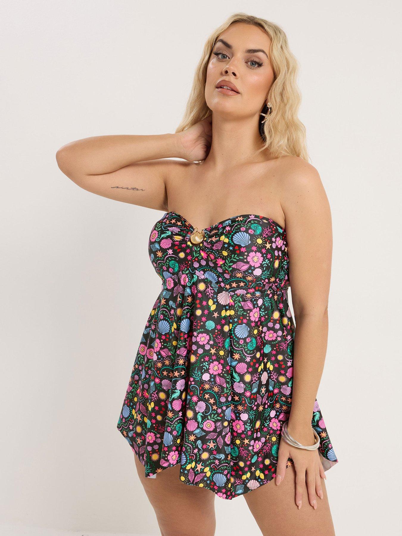 Image 4 of 6 of Yours Curve Shell Print Hanky Hem Tankini