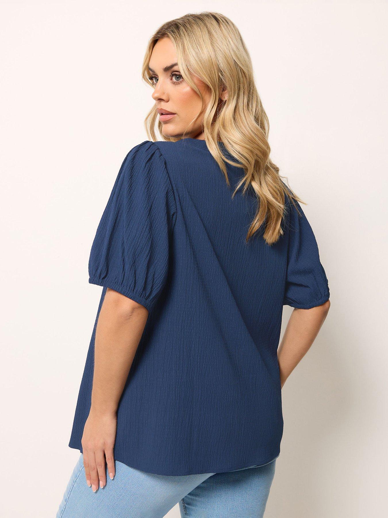 Image 2 of 5 of Yours Curve Button Textured Short Sleeve Blouse - Blue