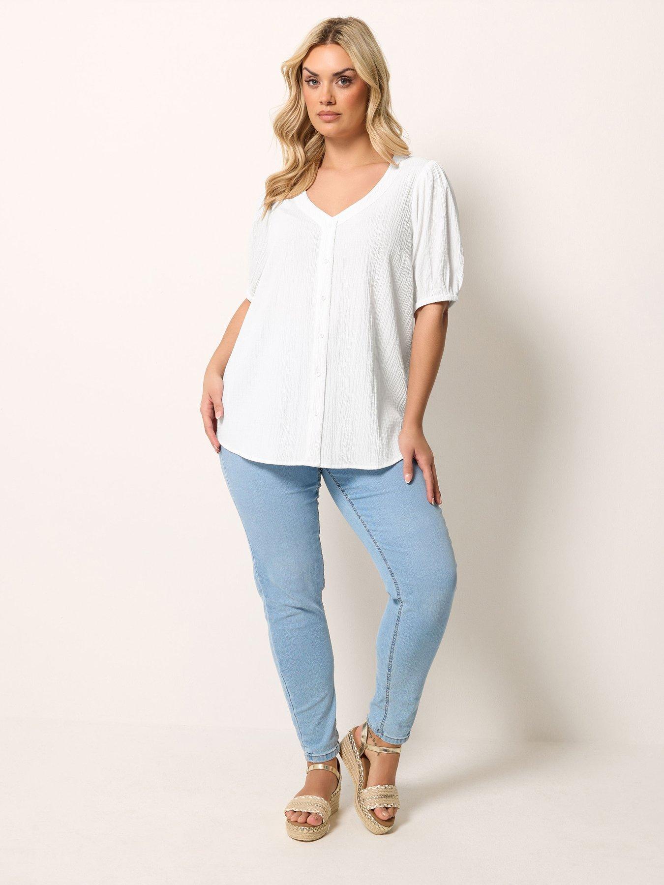 Image 3 of 5 of Yours Curve Button Textured Short Sleeve Blouse