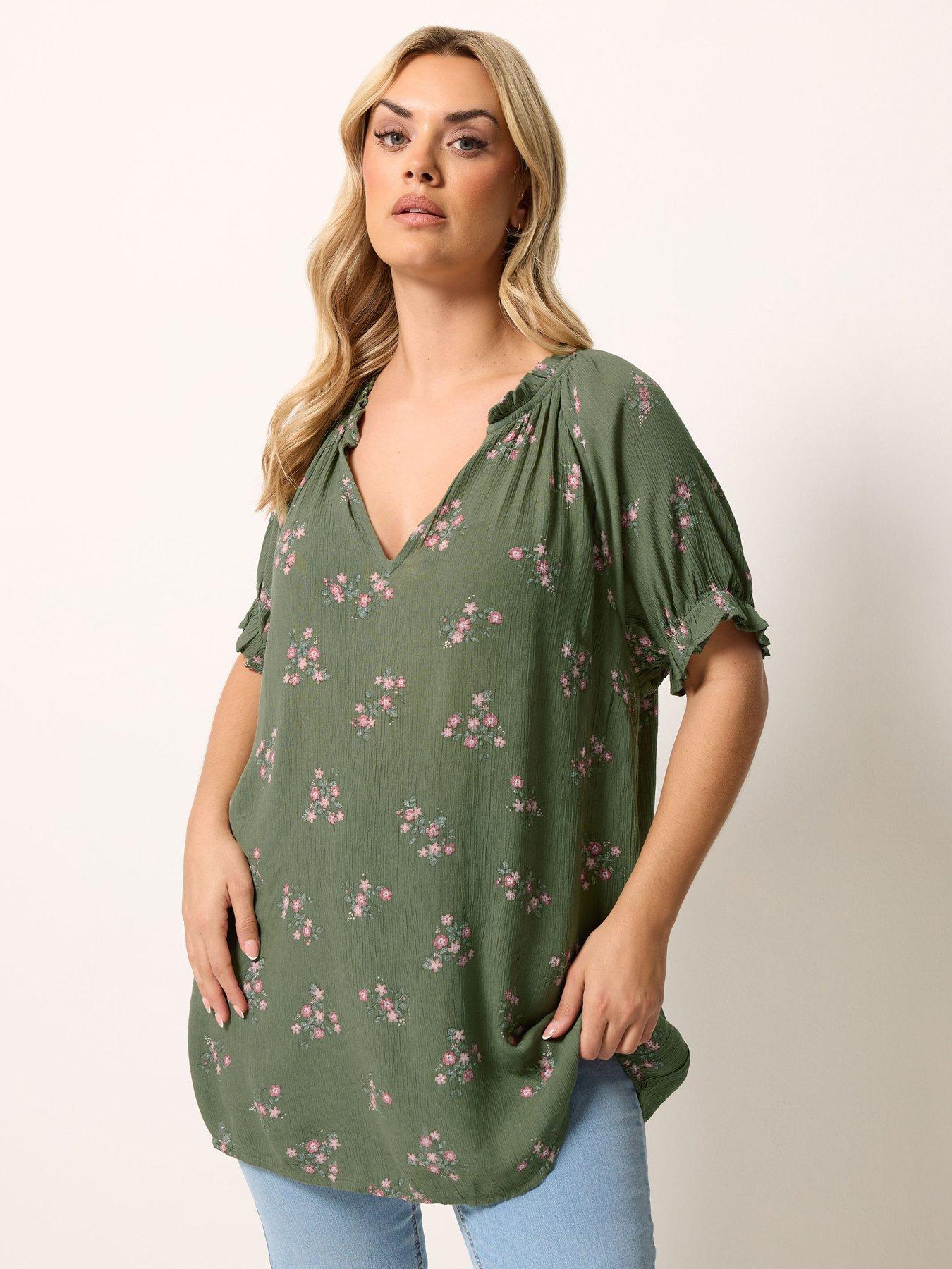 Yours Curve Crinkle Gypsy Notch Neck Top - Green