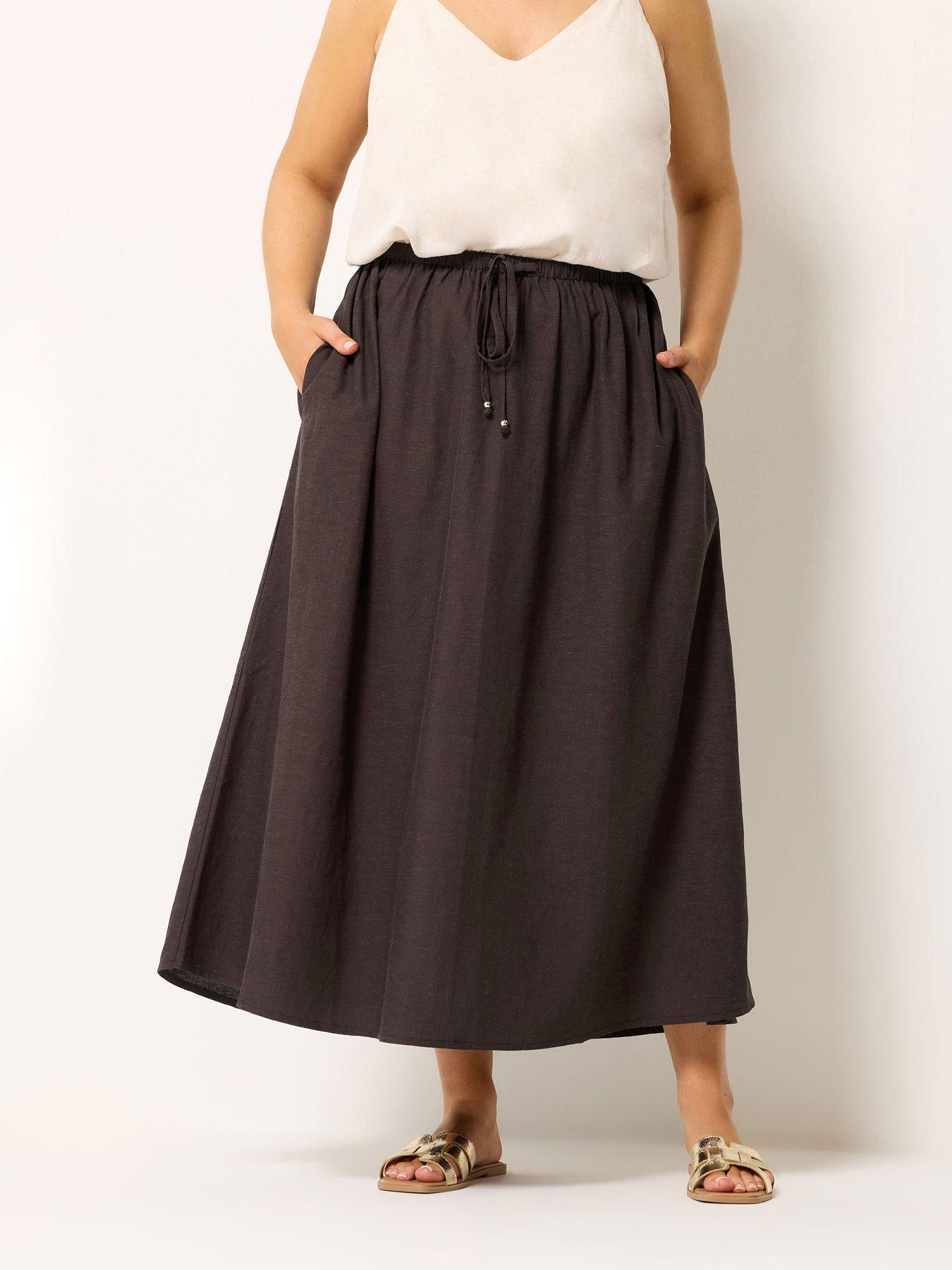 front image of yours-curve-linen-maxi-skirt-brown