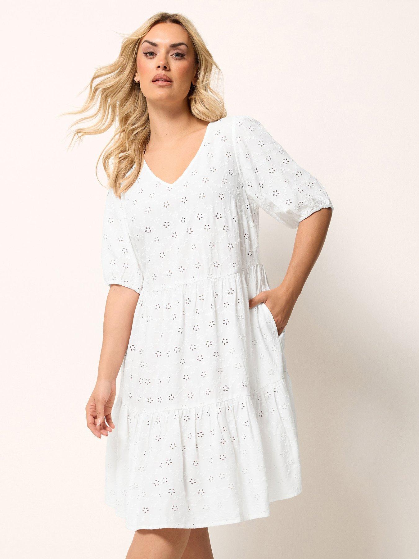 Yours Curve Broderie Tie Dress - White