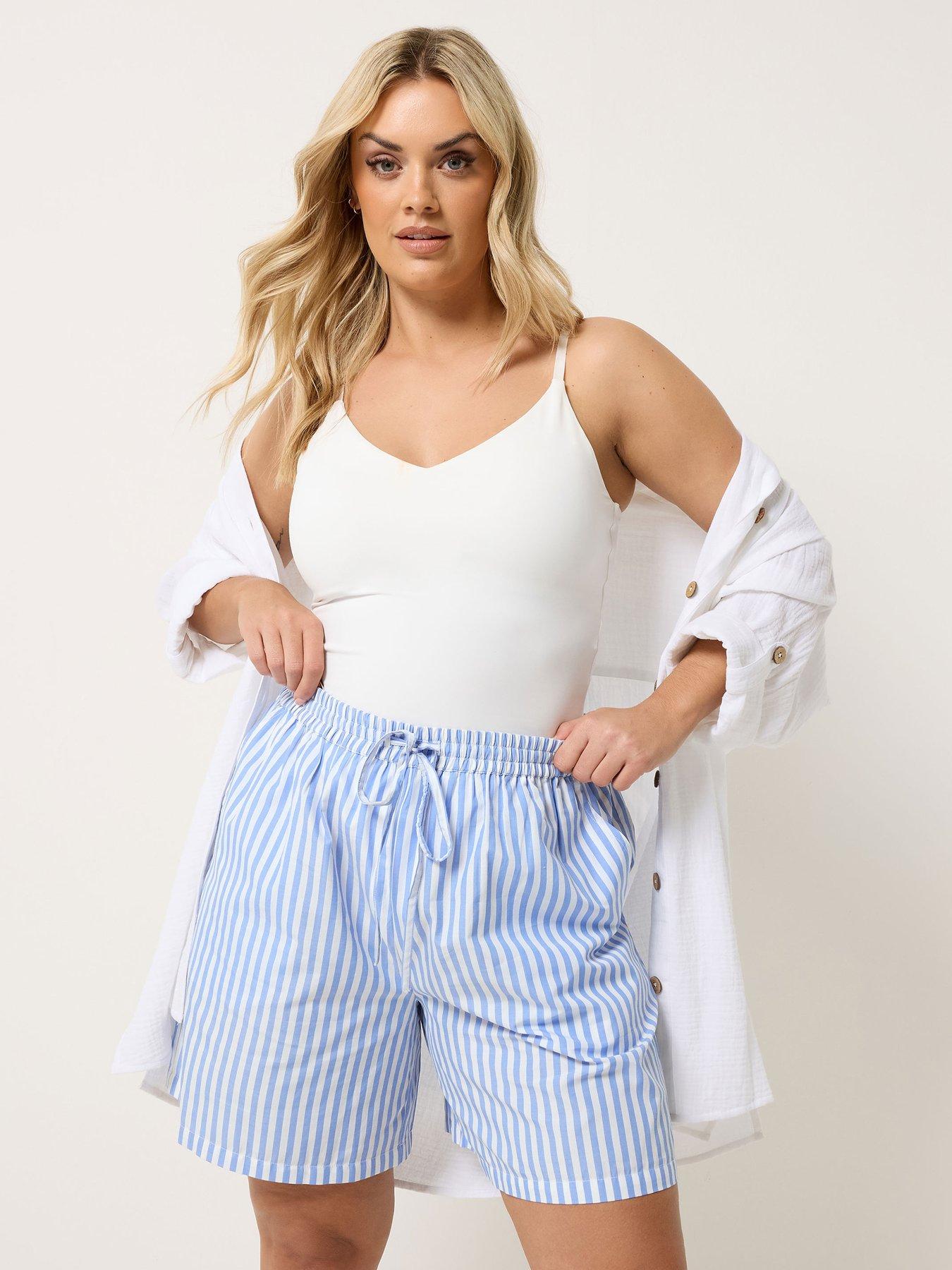 Yours Curve Stripe Woven Shorts - Blue