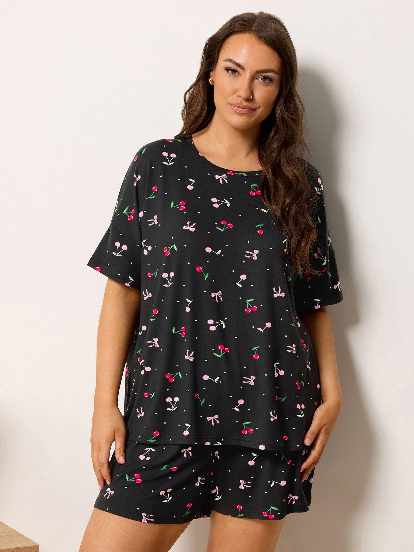 Image 1 of 4 of Yours Curve Soft Touch Cherry Pyjama Set - Black