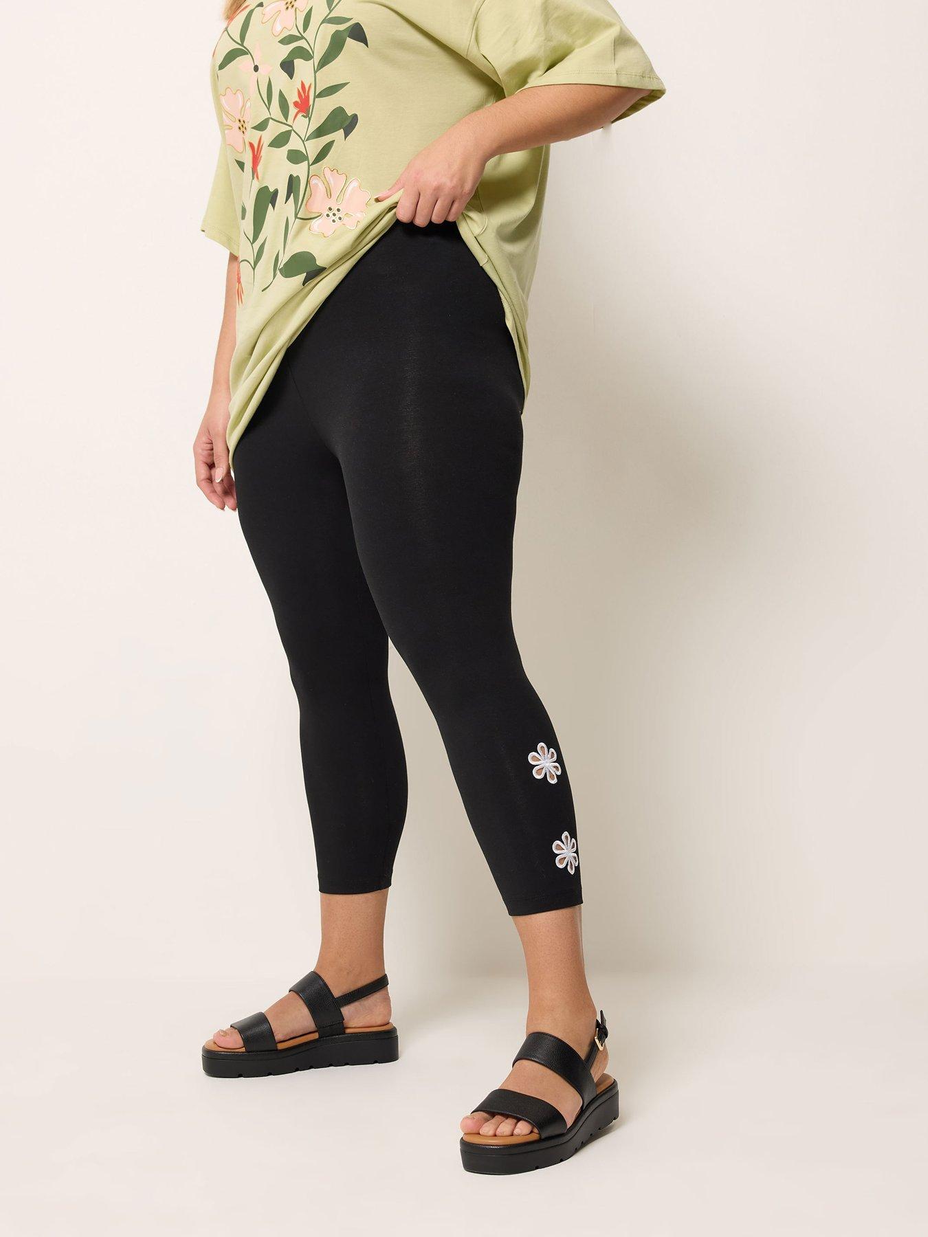 Yours Curve Floral Print Contrast Cut Out Cropped Leggings - Black