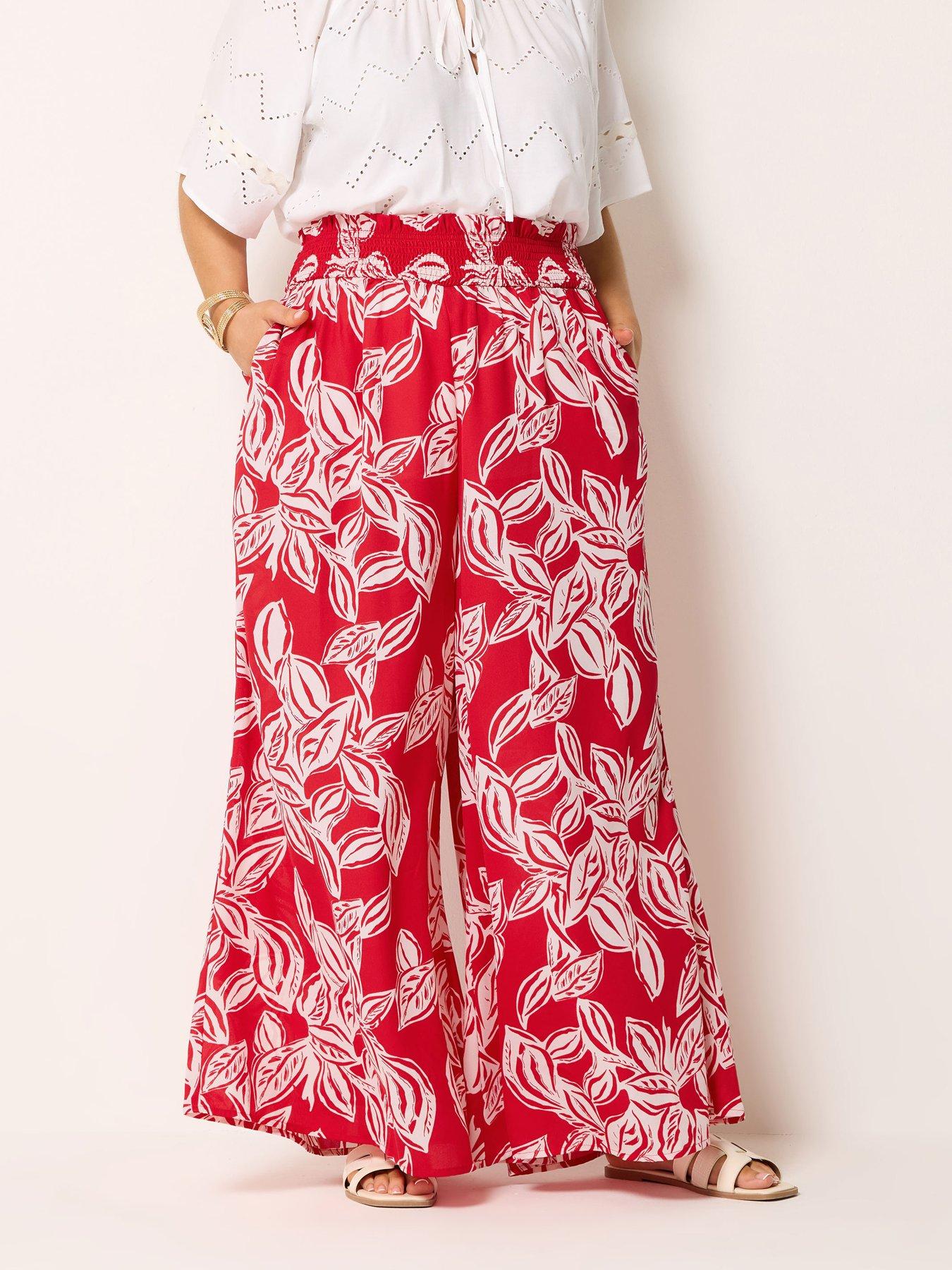 Yours Curve Shirred Wide Leg Trousers 30" - Red