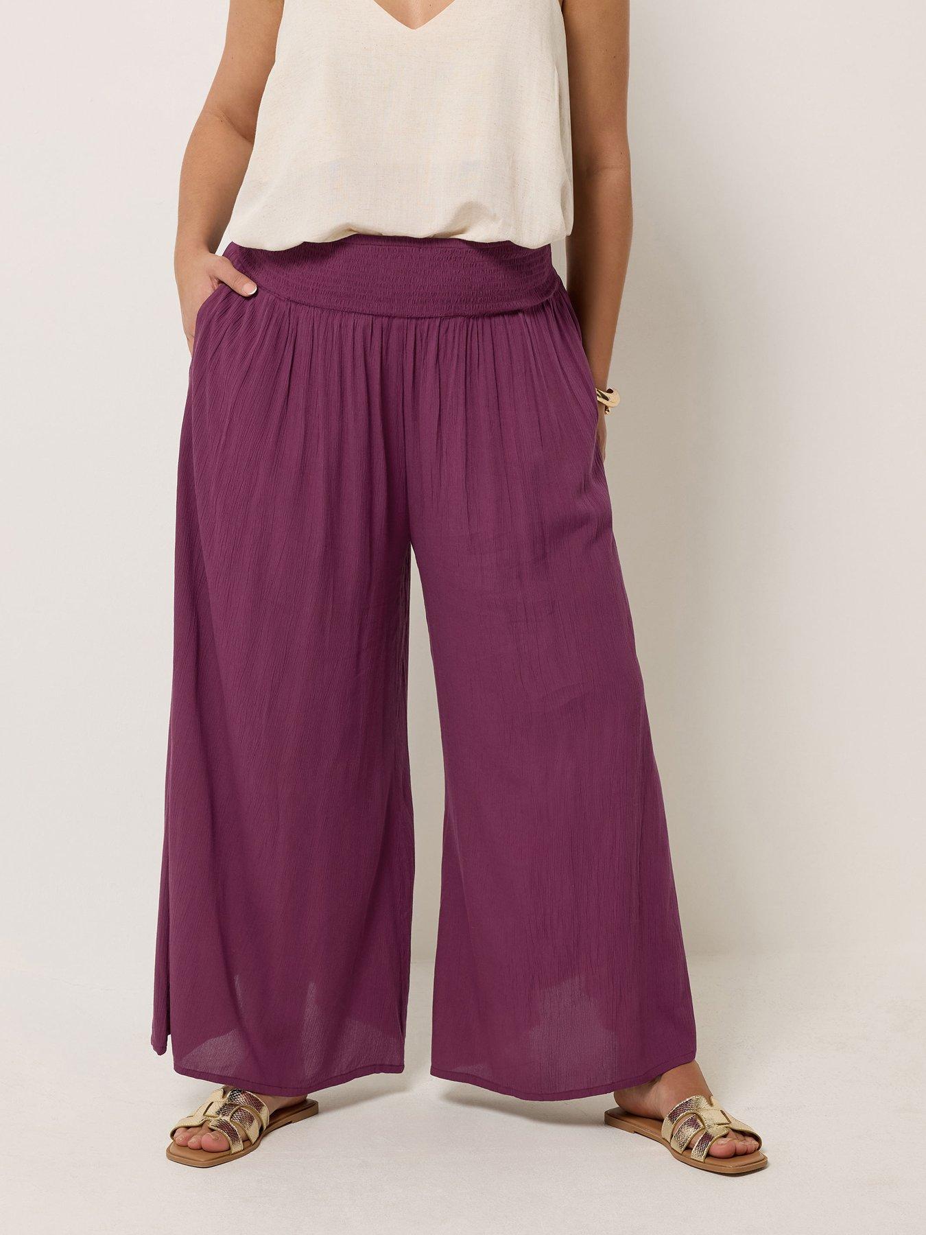 Yours Curve Shirred Waist Wide Leg Trousers 28" - Burgundy