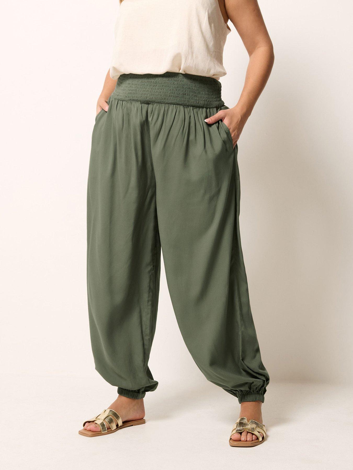 Yours Curve Shirred Waist Balloon Trousers - Green
