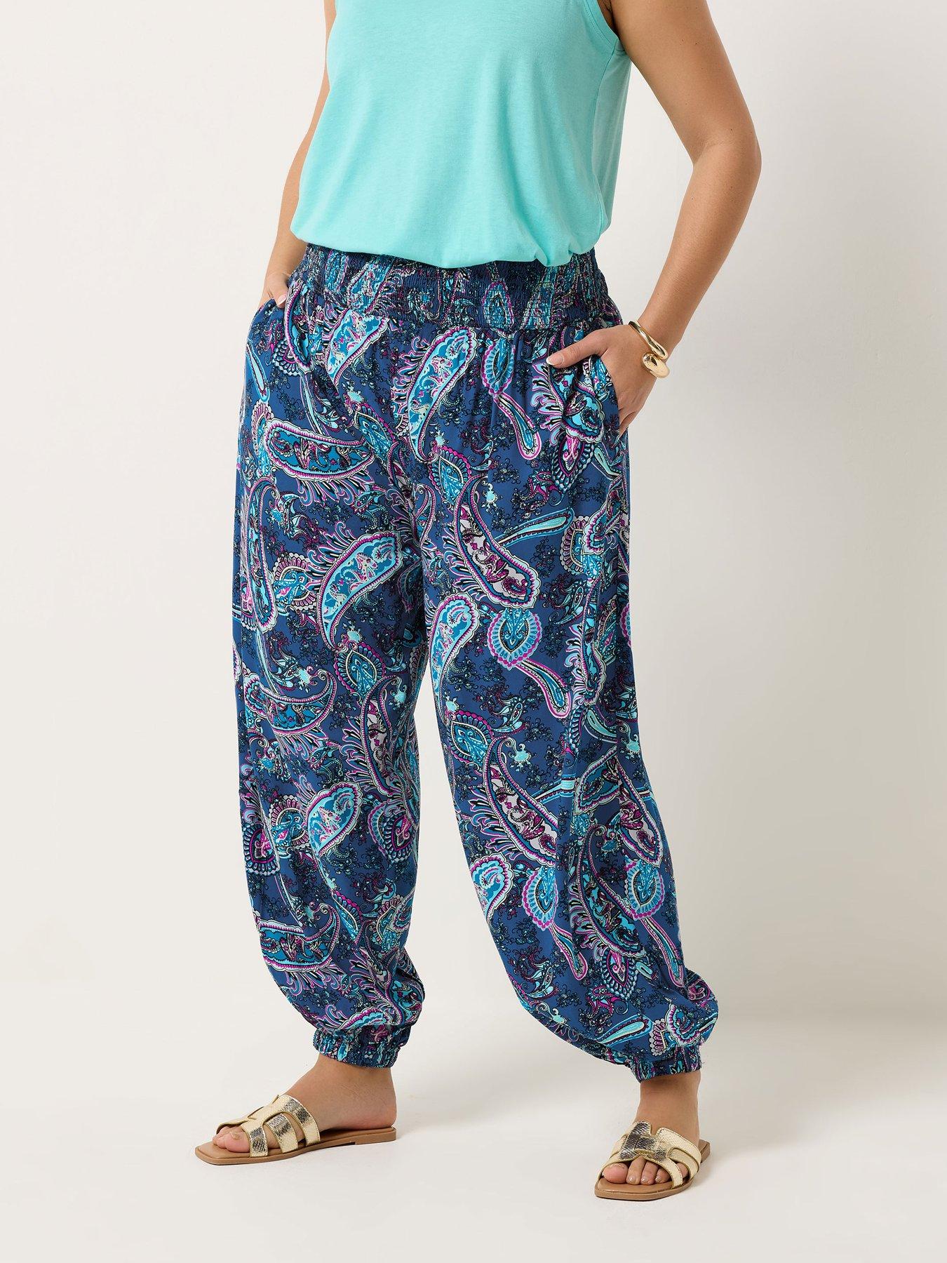 Yours Curve Shirred Waist Printed Balloon Trousers - Blue