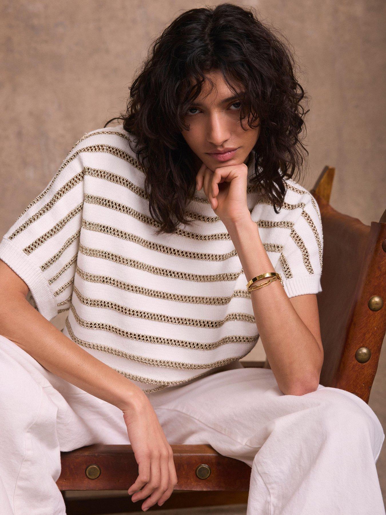 Mint Velvet Metallic Stripe Batwing Top - Gold