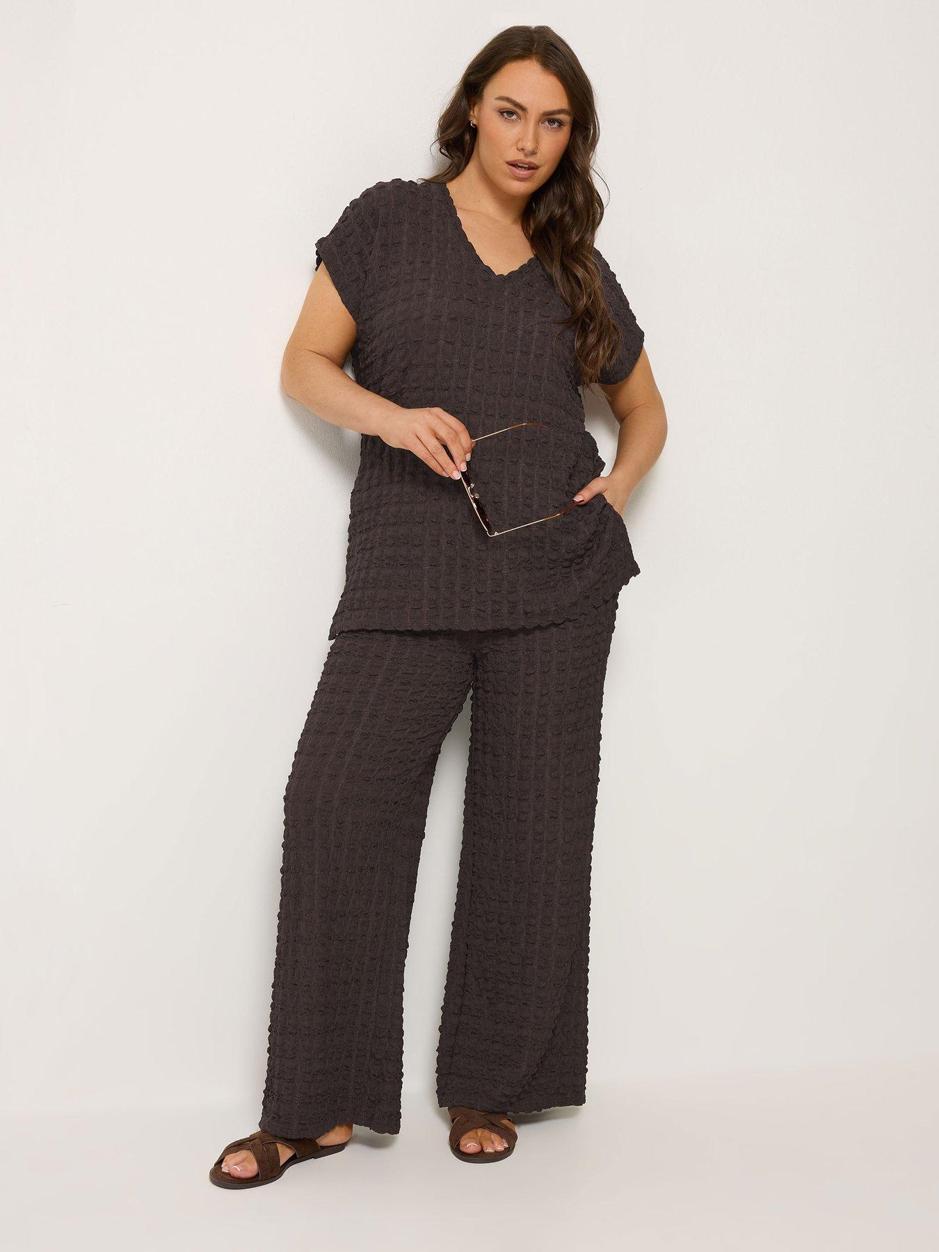 Image 1 of 4 of Yours Curve Bubble Top &amp; Trouser Set - Brown