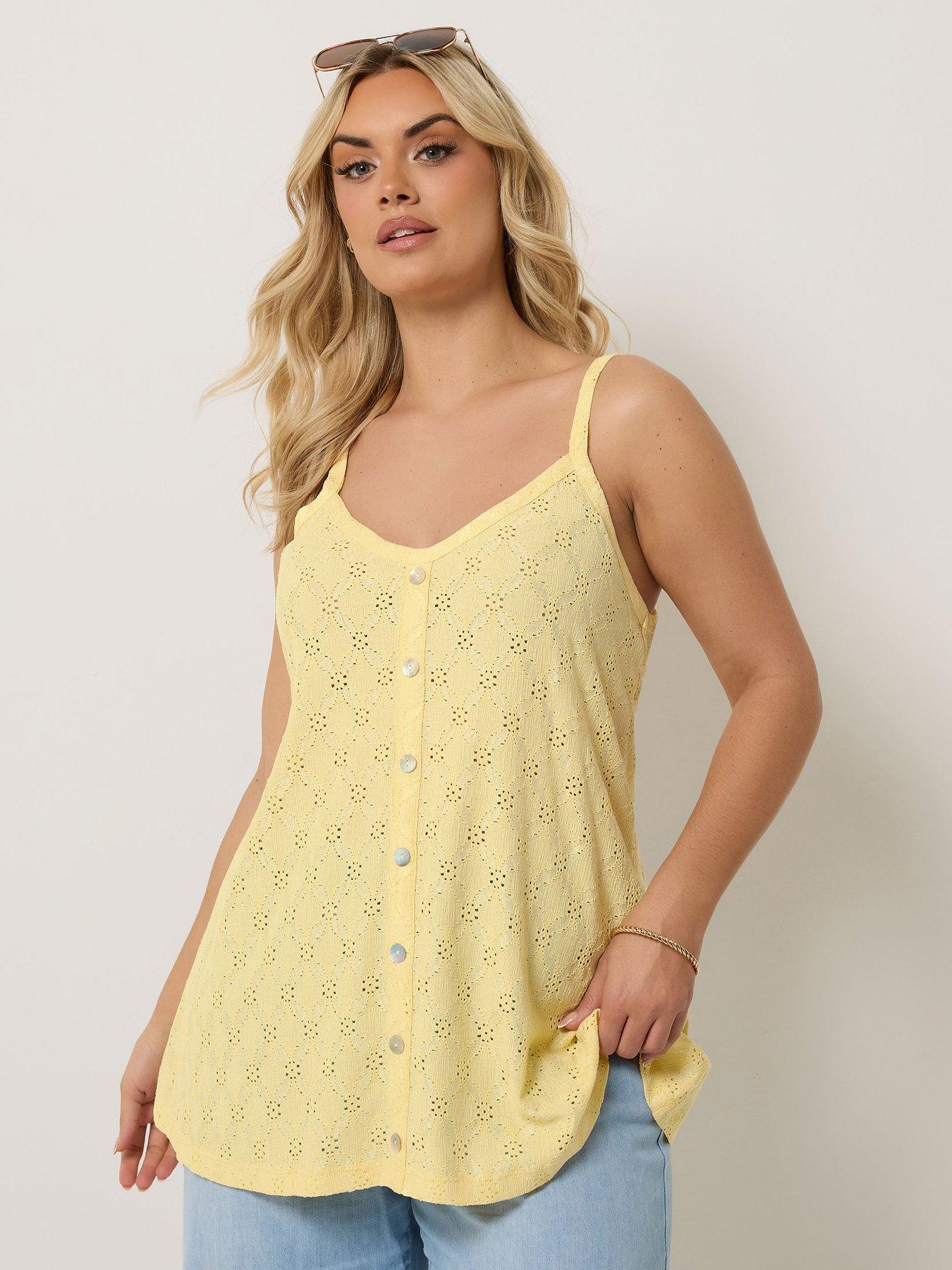 front image of yours-curve-anglaise-button-swing-vest-yellow