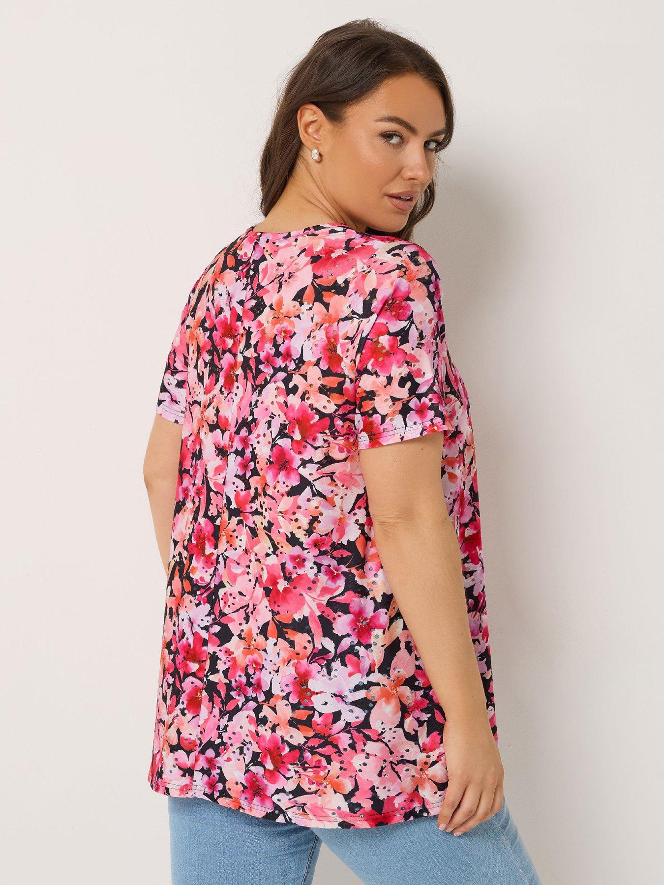 Image 2 of 5 of Yours Curve Printed Broderie V-Neck Top - Pink/Black