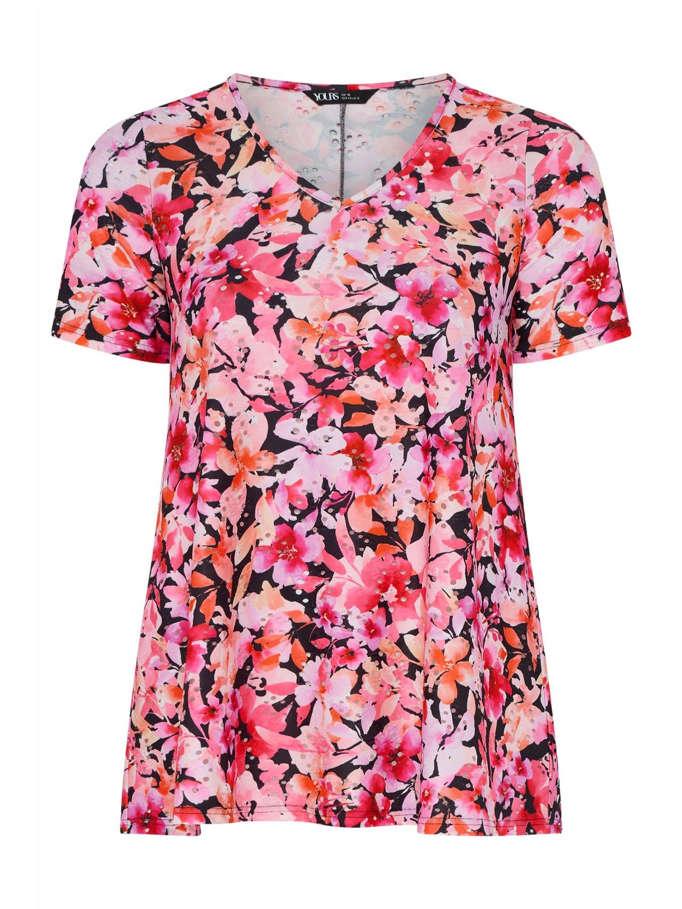 Image 5 of 5 of Yours Curve Printed Broderie V-Neck Top - Pink/Black