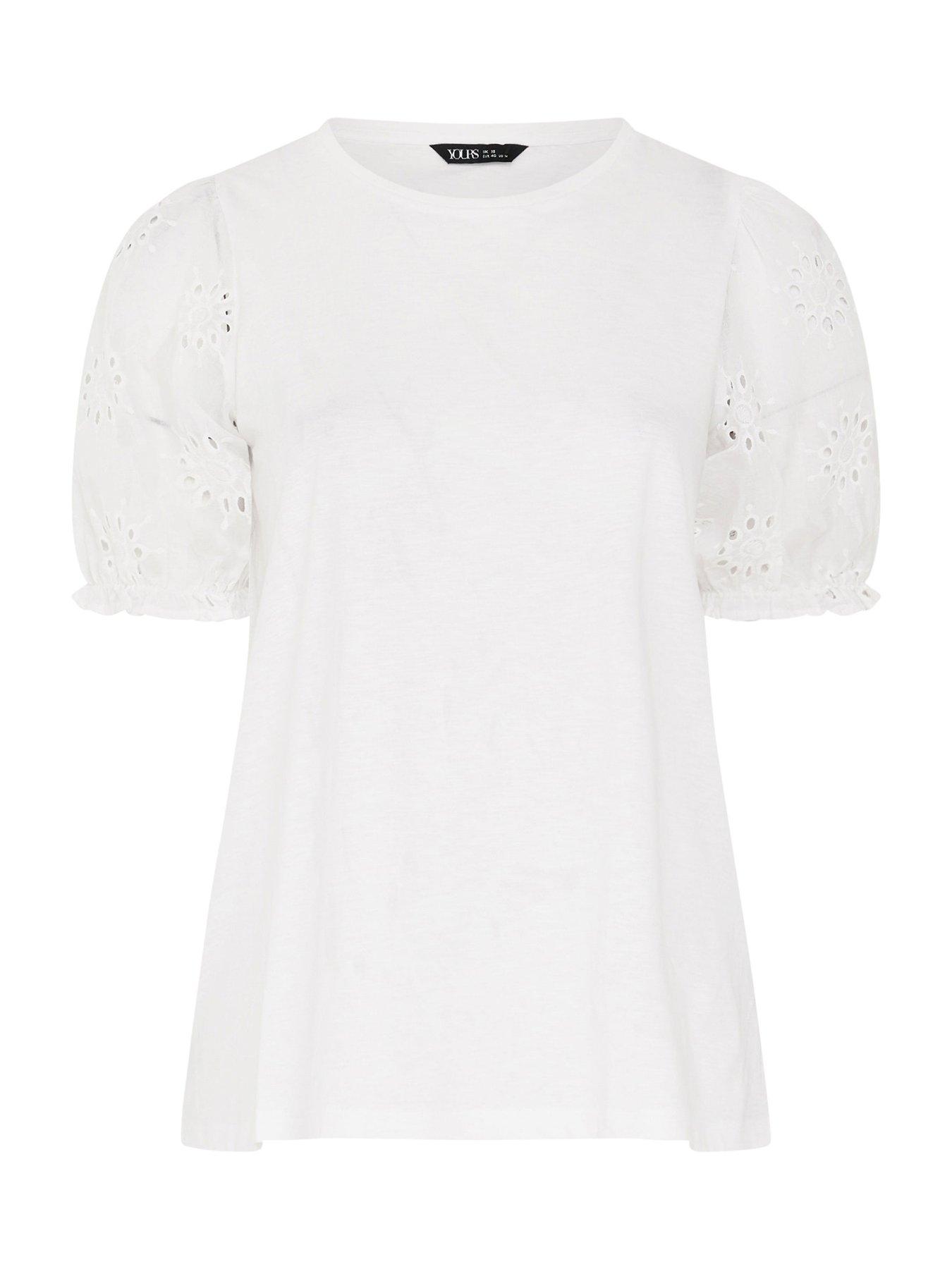 Image 6 of 6 of Yours Curve Broderie Puff Sleeve T-Shirt - White