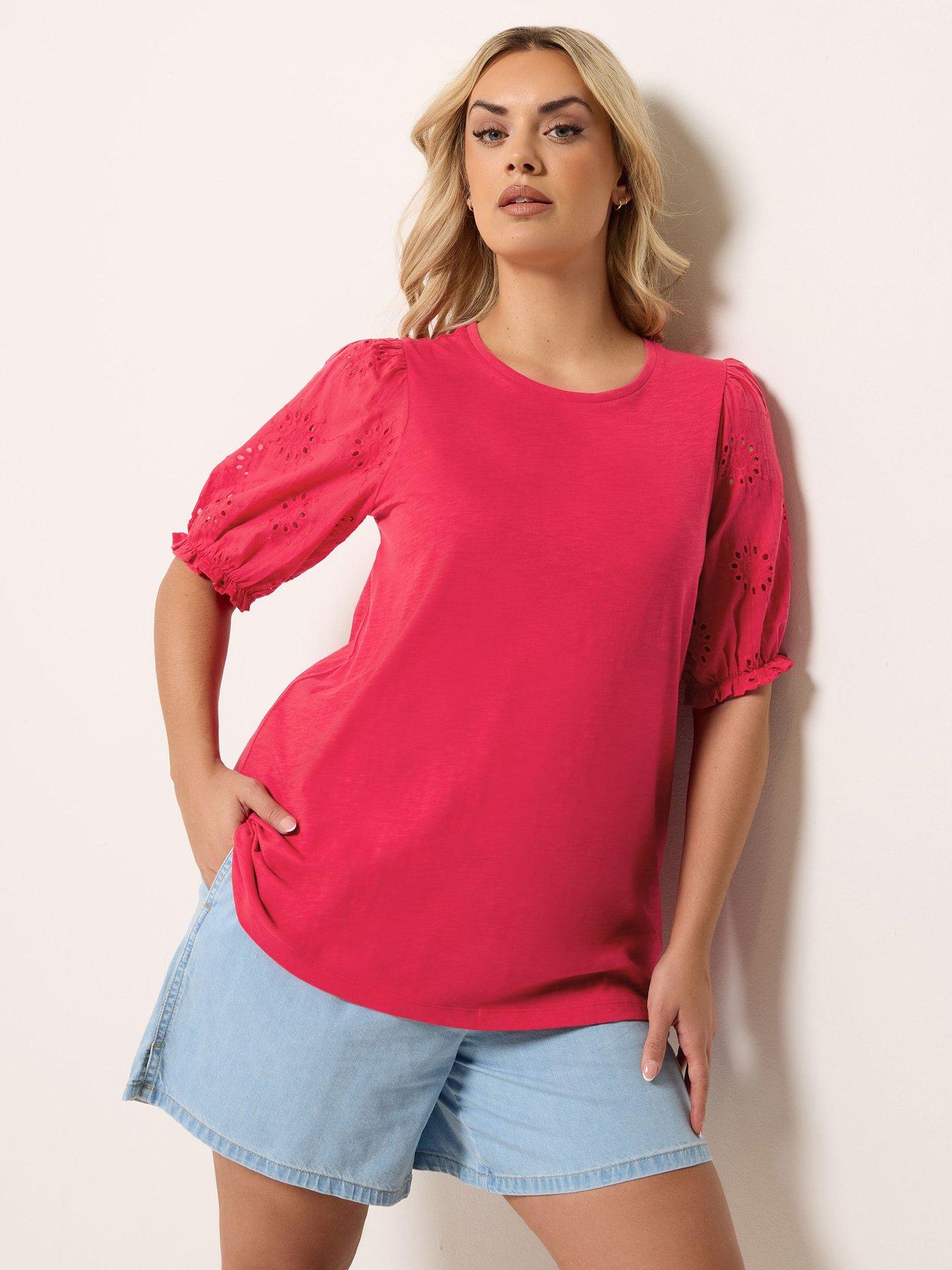 Yours Curve Broderie Puff Sleeve T-Shirt - Red