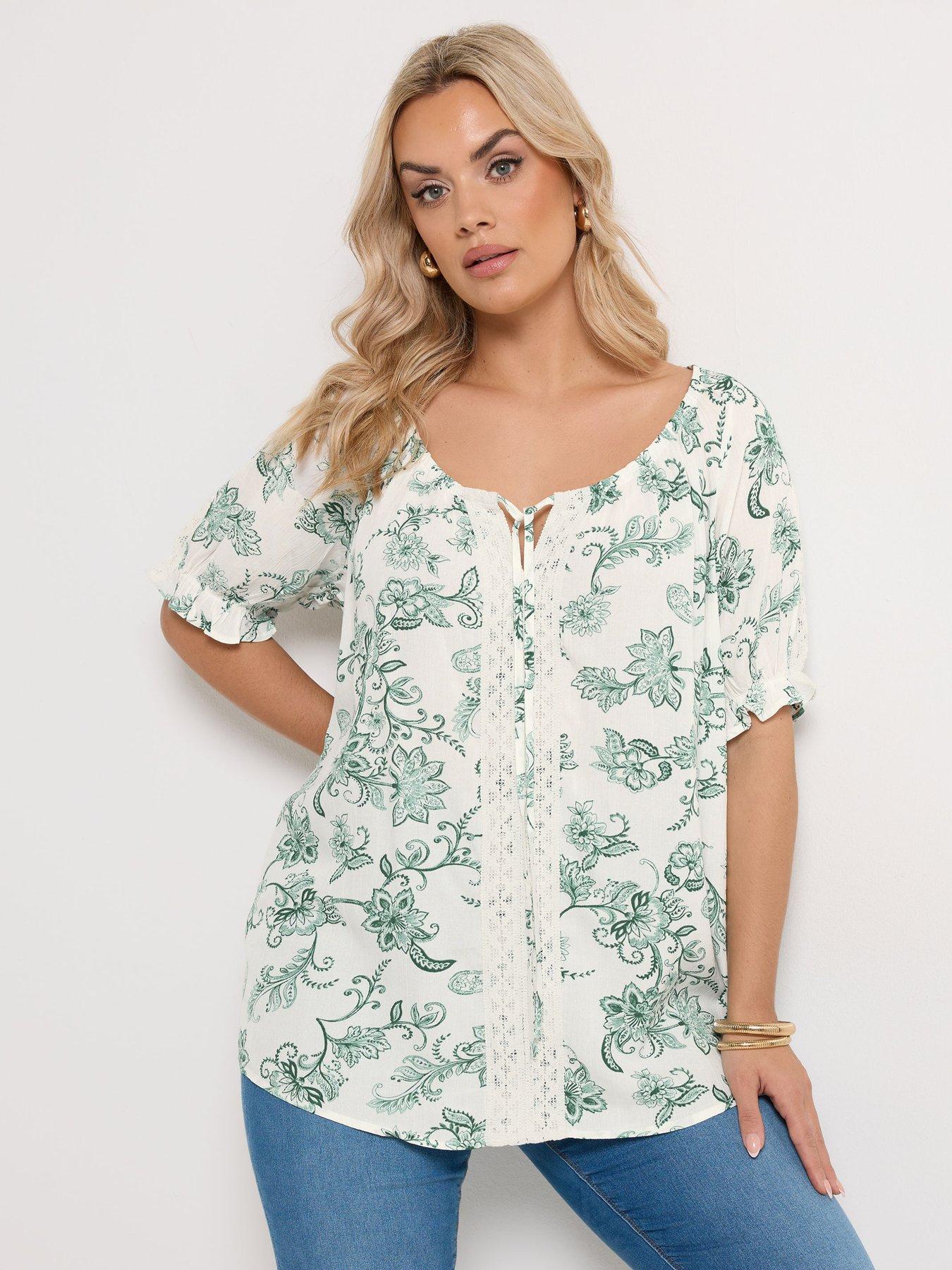 Yours Curve Crochet Short Sleeve Gypsy Top - Green