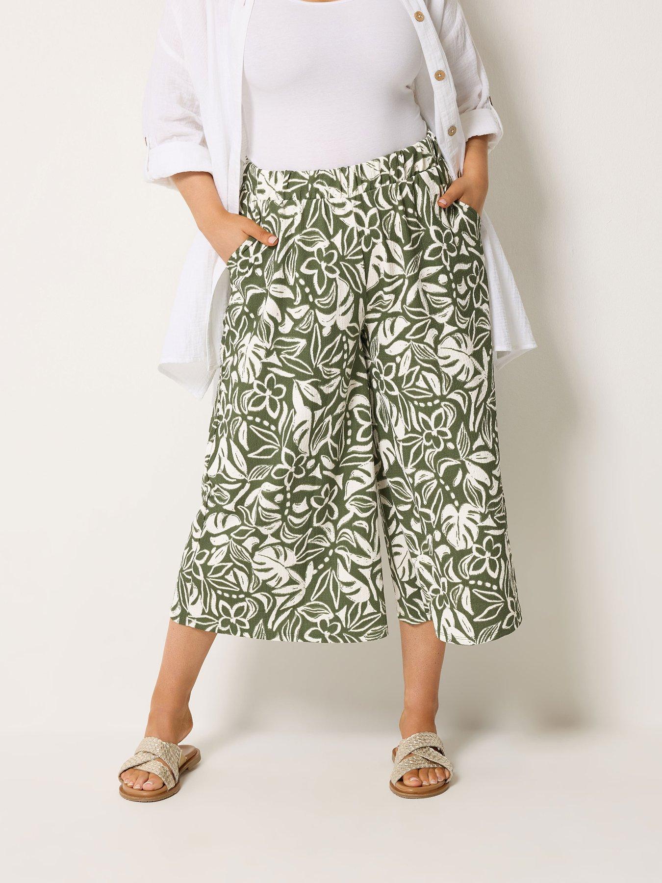 Yours Curve Leaf Print Jersey Culotte - Green
