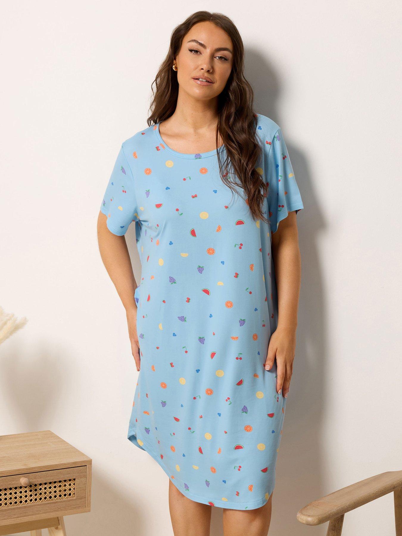 Image 1 of 4 of Yours Curve Soft Touch Fruit Print Dipped Back Nightdress - Blue