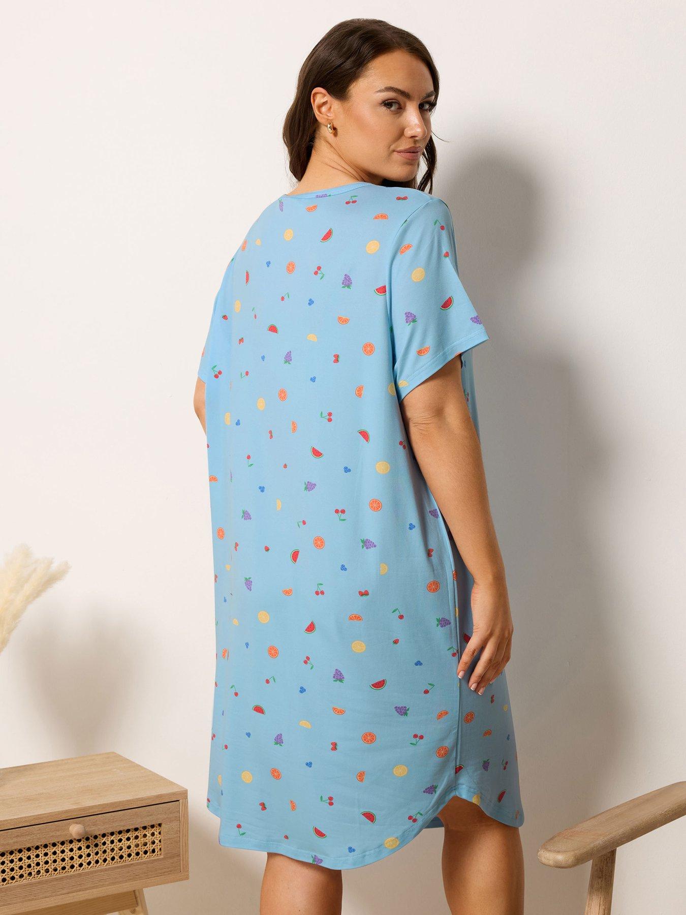 Image 2 of 4 of Yours Curve Soft Touch Fruit Print Dipped Back Nightdress - Blue