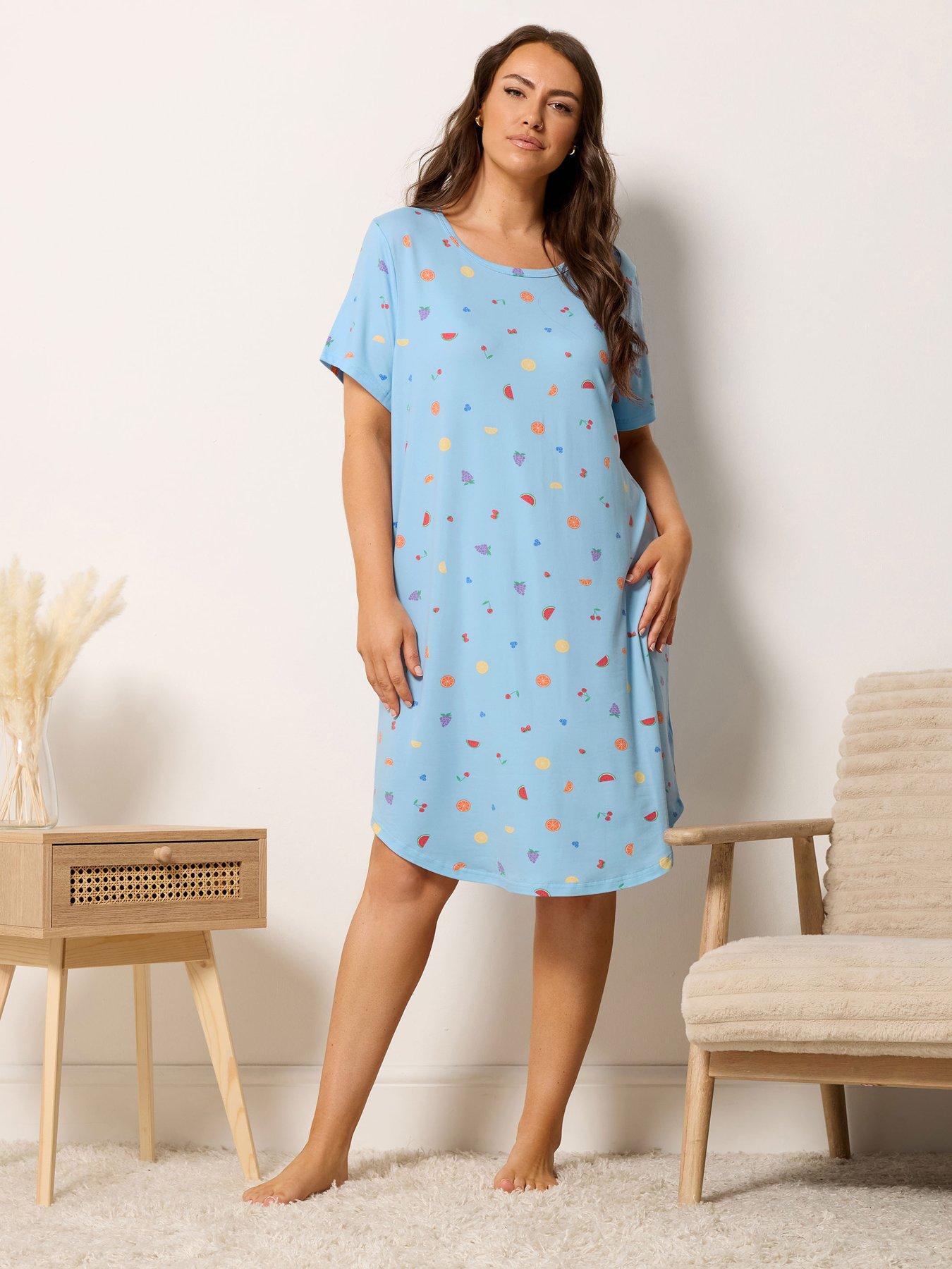 Image 3 of 4 of Yours Curve Soft Touch Fruit Print Dipped Back Nightdress - Blue